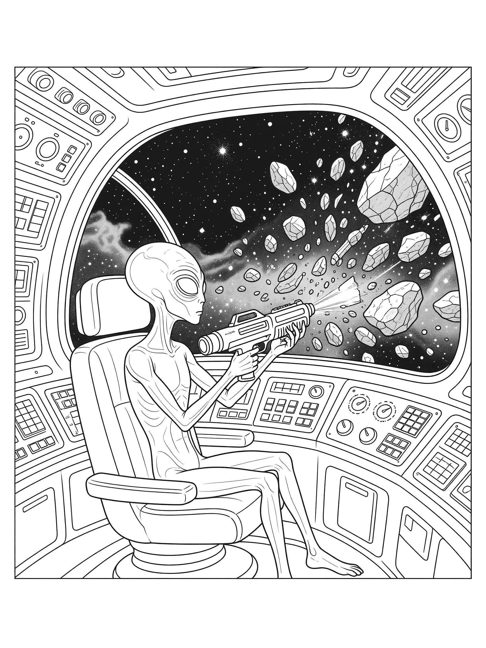 Line art coloring page showing alien pilot in UFO cockpit holding laser blaster aimed out window at flying space debris, with dials, buttons, and starry background.