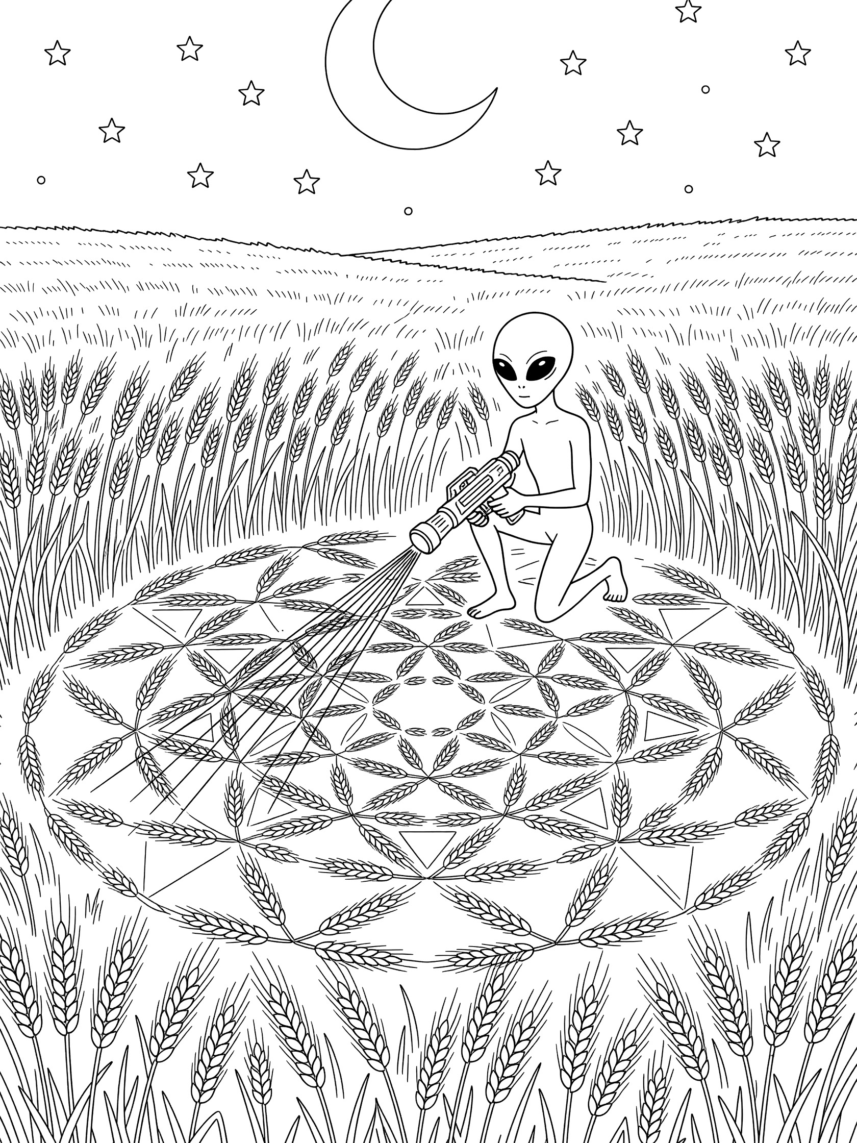 Black-and-white line art of a grey alien with ray gun kneeling in crops, creating a mandala crop circle pattern under moon and stars.