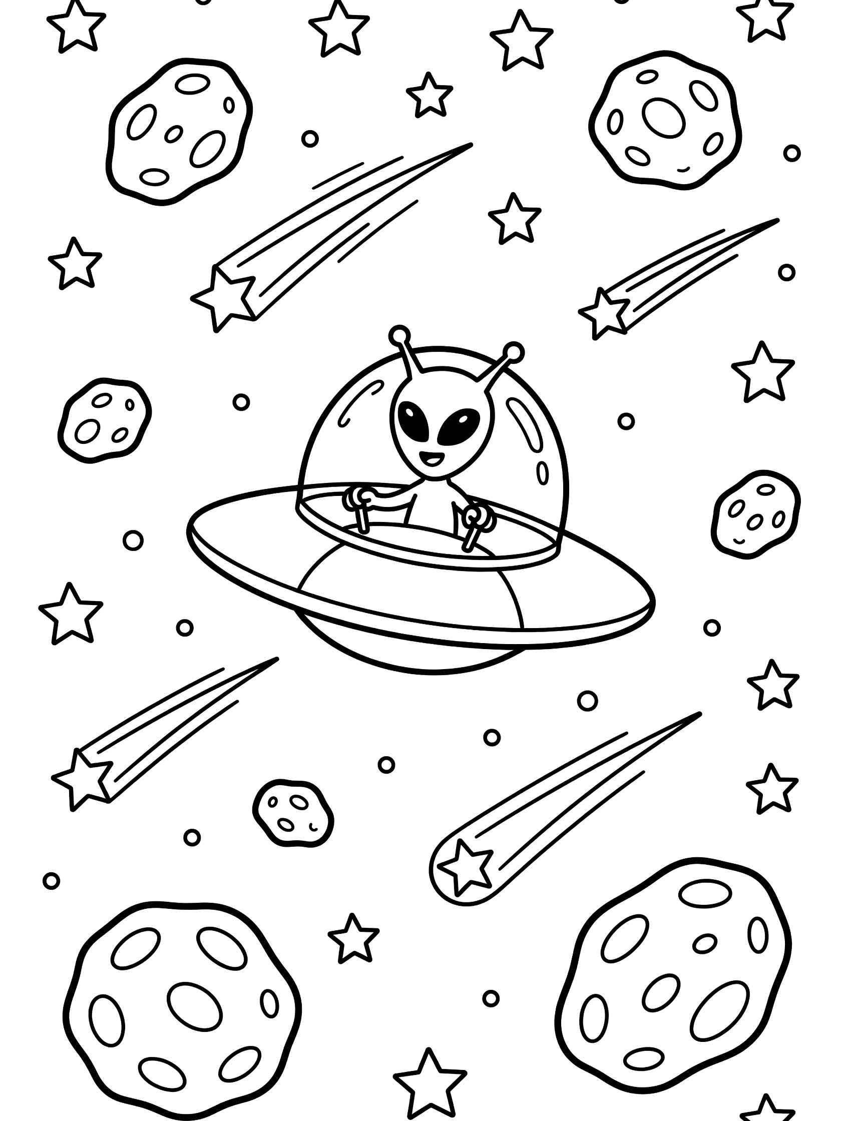 Black and white line art coloring page showing a friendly alien gripping controls inside a classic flying saucer UFO dodging asteroids, with stars and comets in deep space.