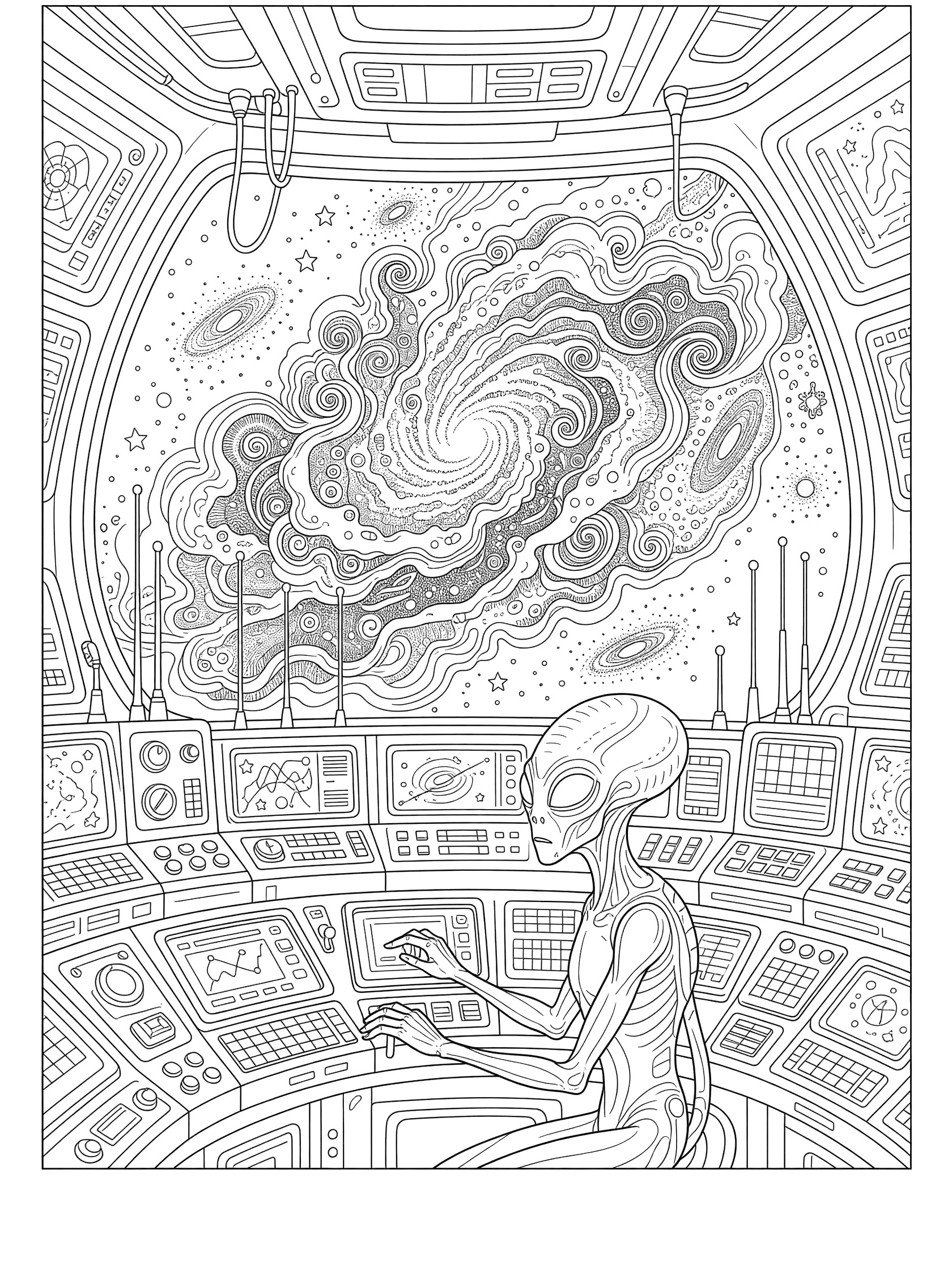 Black and white line art coloring page showing a grey alien researcher at screens and scanners in a high-tech spaceship lab, watching a detailed nebula and stars through a large viewport.