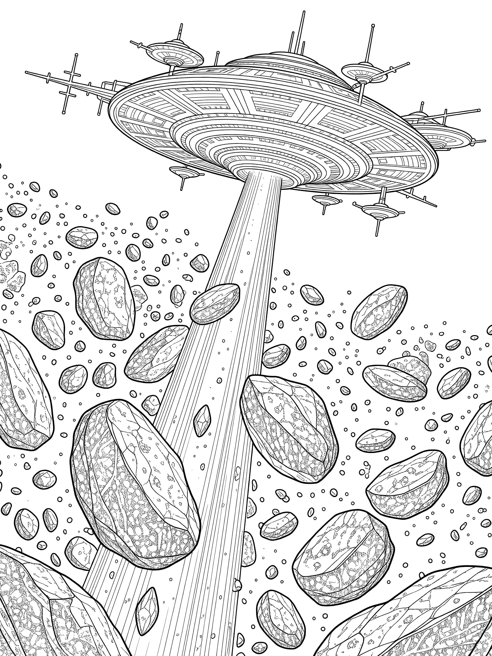Line art coloring page showing an alien ship with glowing saucer sections and antennas beaming up crystalline rocks from an asteroid field