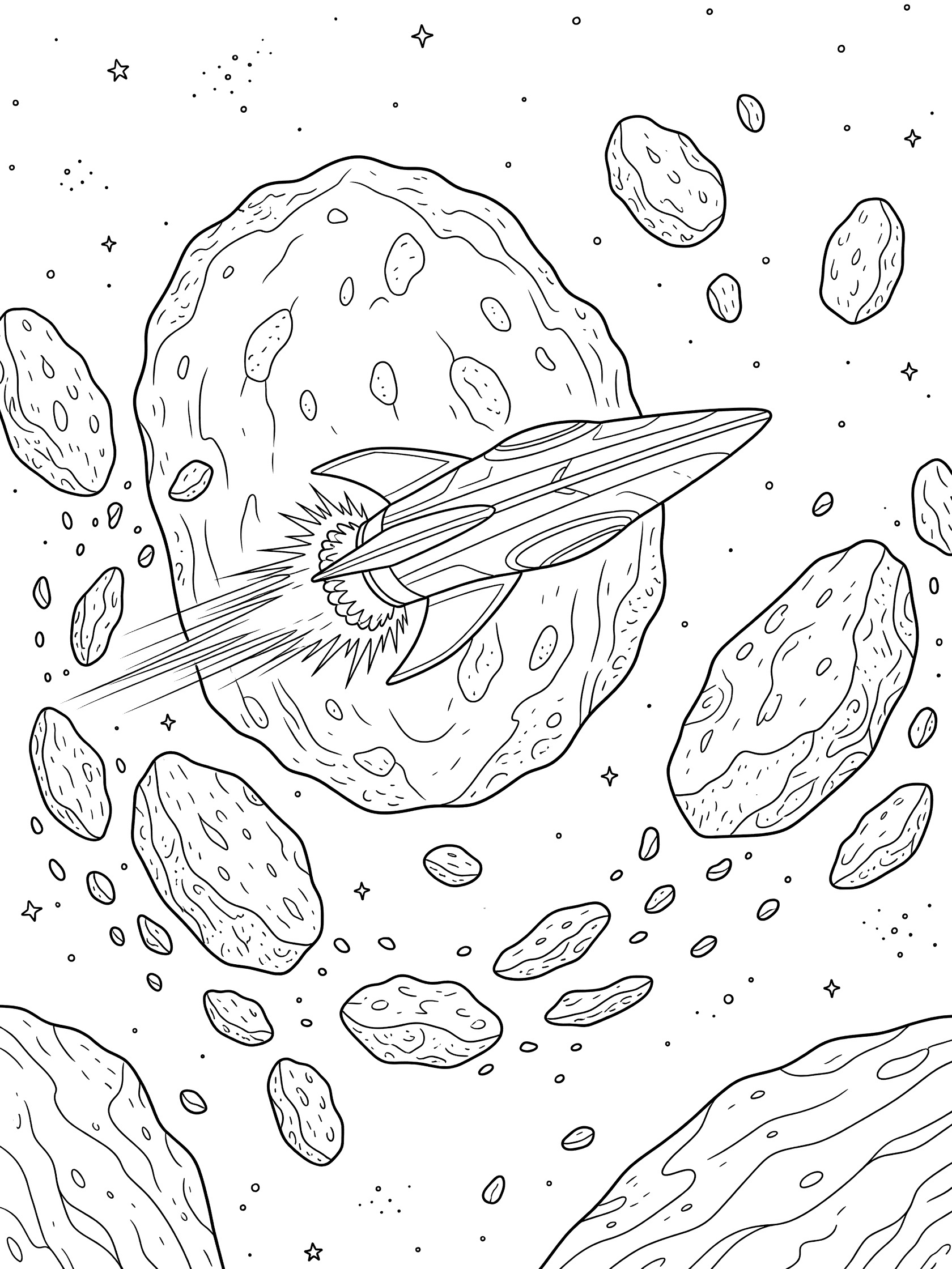 Black-and-white coloring page of a speedy alien ship weaving between large jagged asteroids in deep space, thrusters glowing and stars in the background.