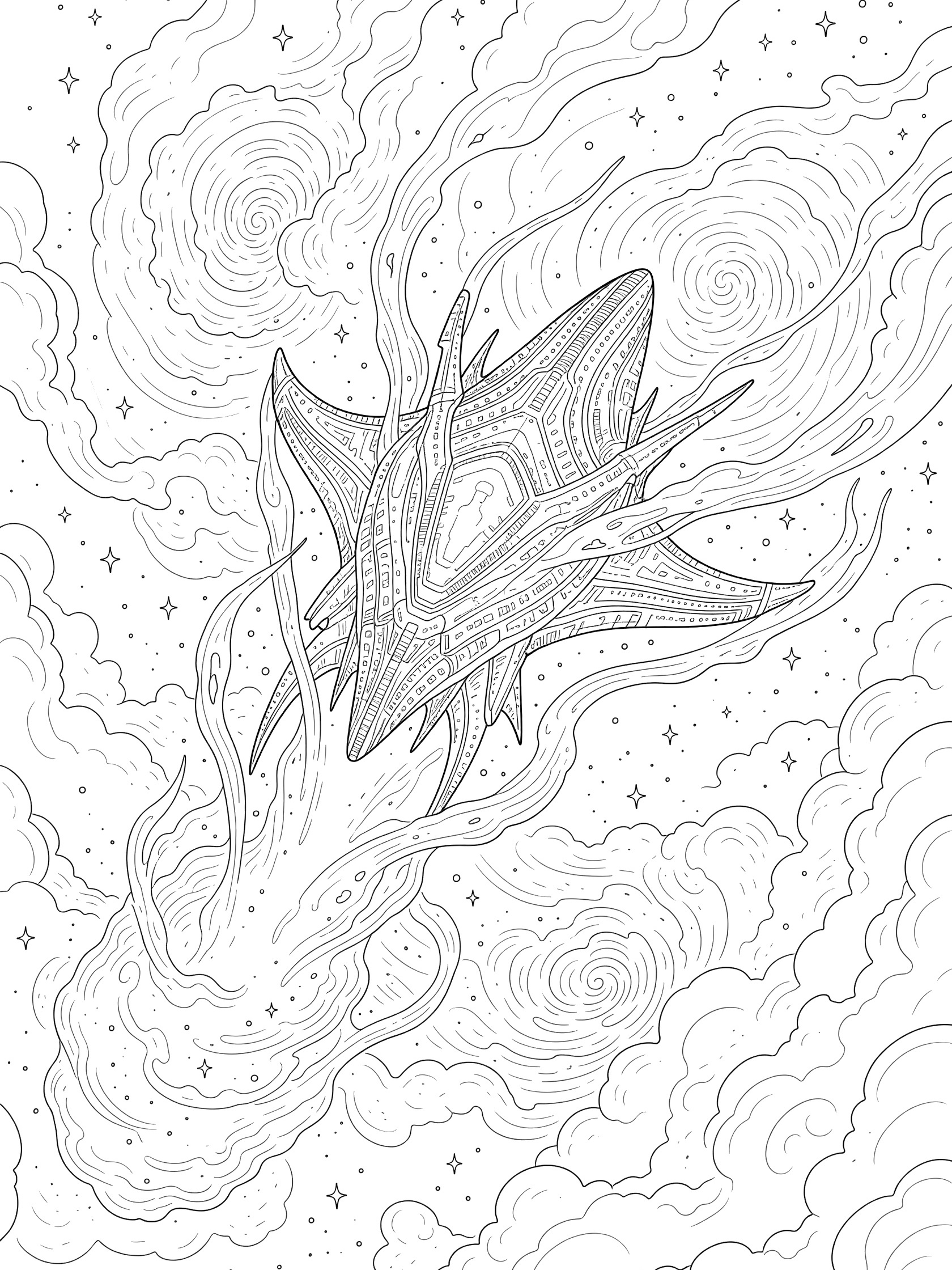 Black-and-white coloring page of a majestic alien ship bursting out from swirling nebula clouds, with gas trails around its fins and stars in the cosmic fog