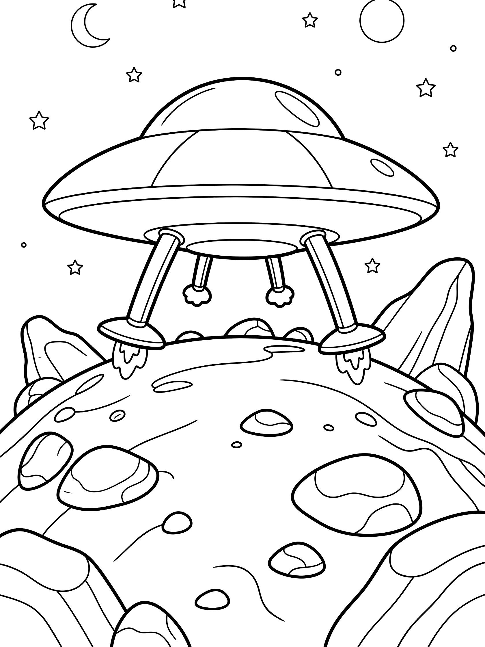 Black-and-white coloring page of an alien ship gently landing on rocky planet surface with landing legs, small exhaust puffs, stars, and moons in the sky.