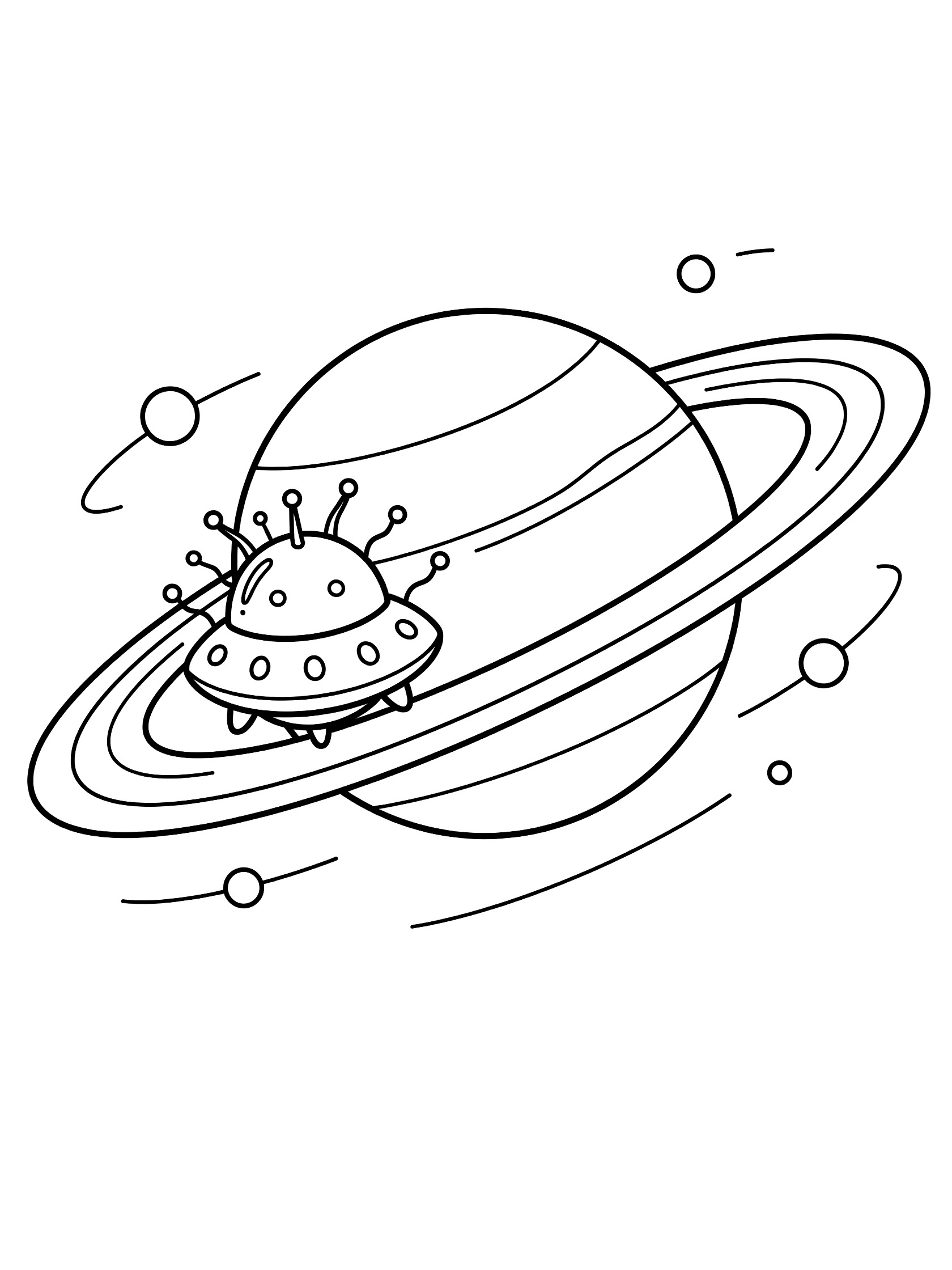 Cute rounded alien ship orbiting a glowing ringed gas giant planet coloring page with antennae, portholes, moons, and rings.