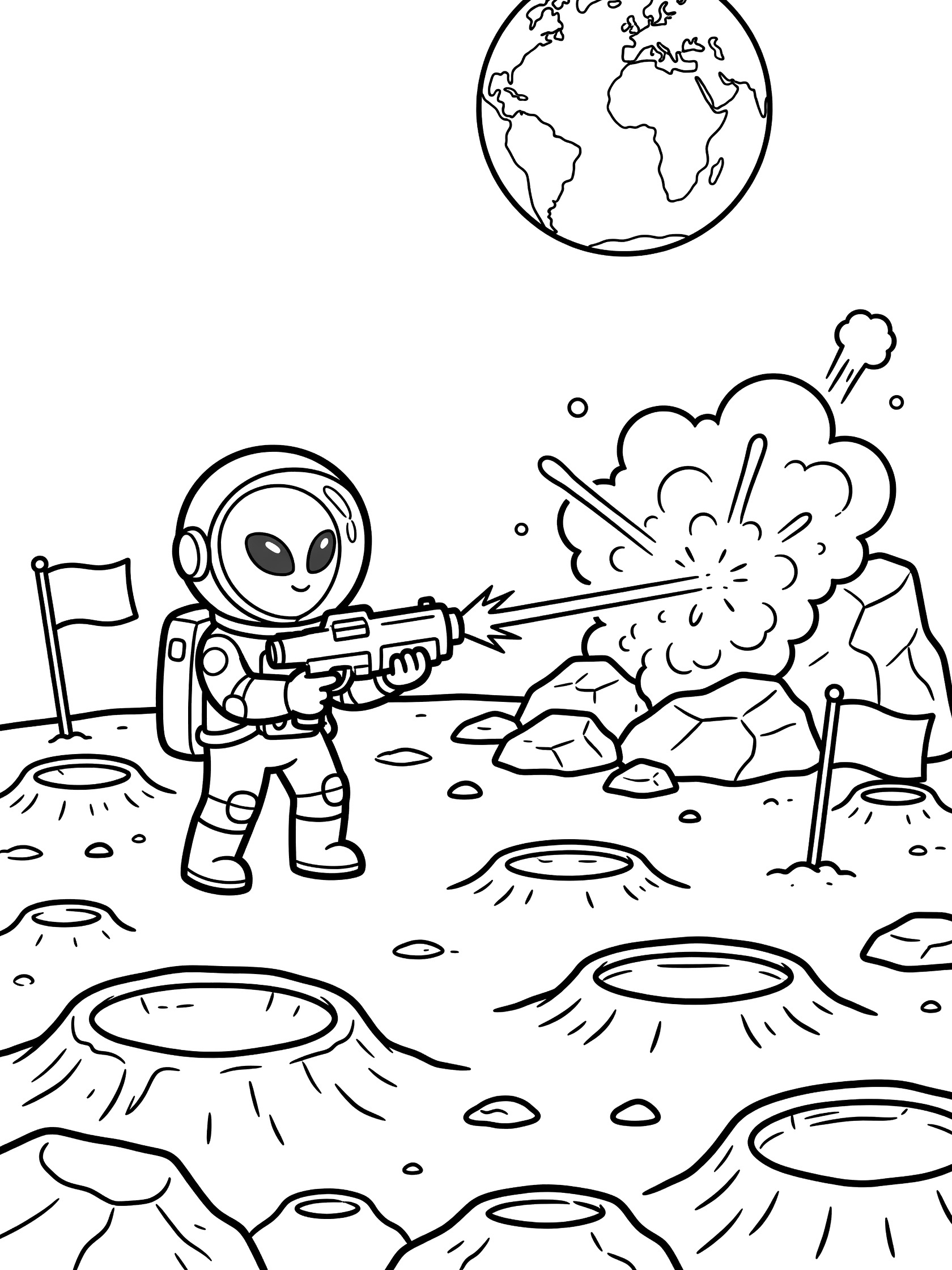 Cute alien astronaut with laser blaster firing at moon rocks, kicking up dust, with Earth shining above craters and a flag nearby. Printable coloring page.