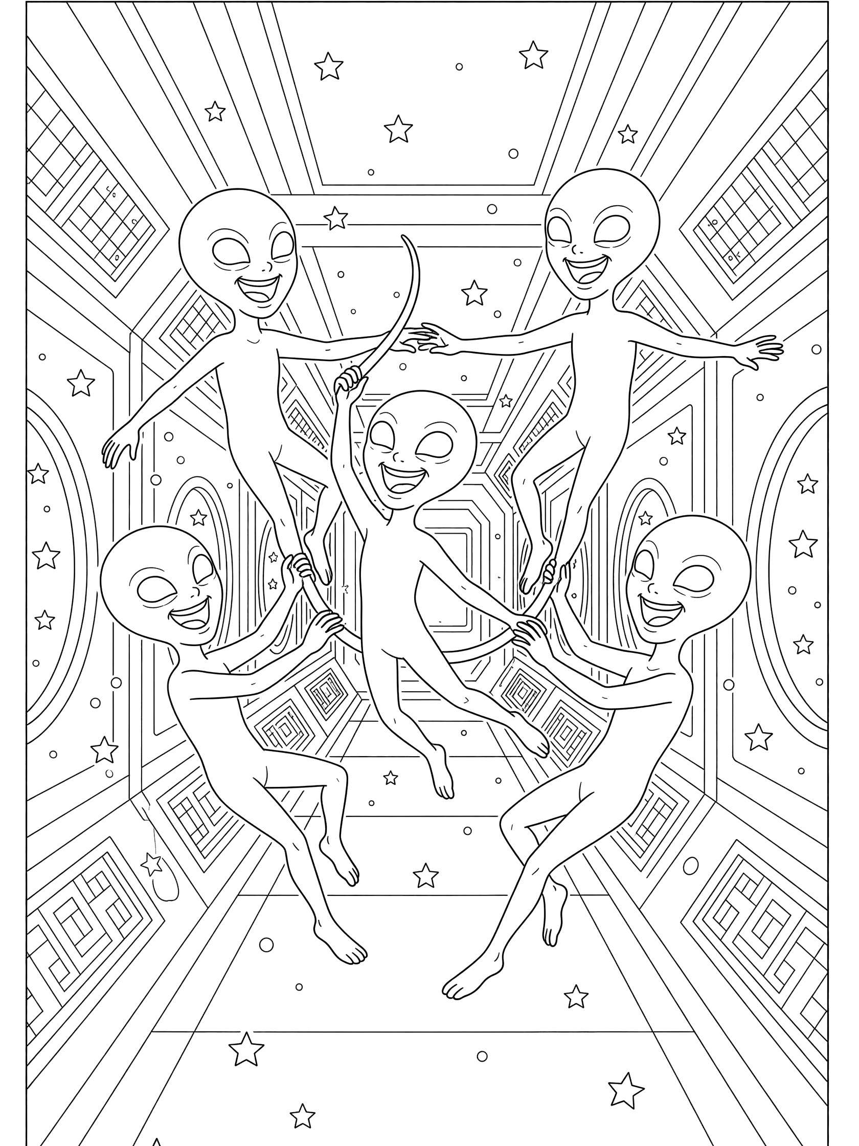 Aliens coloring page showing five playful aliens laughing and dancing in zero gravity in a spaceship corridor with stars, bubbles, and portholes.