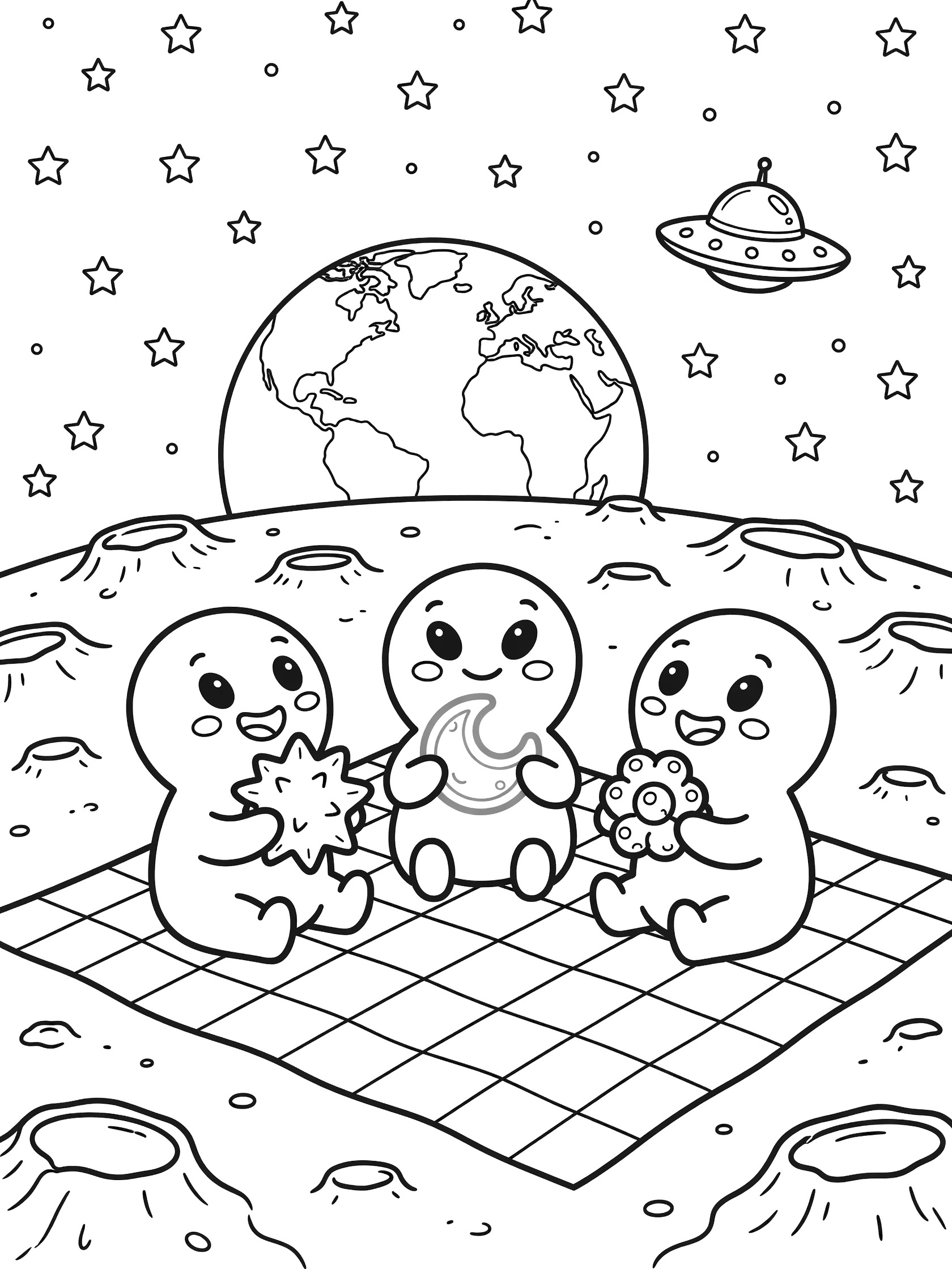 Black-and-white line art of adorable round aliens picnicking on a cratered moon surface, eating space fruits on a blanket with UFO hovering and Earth in the starry background