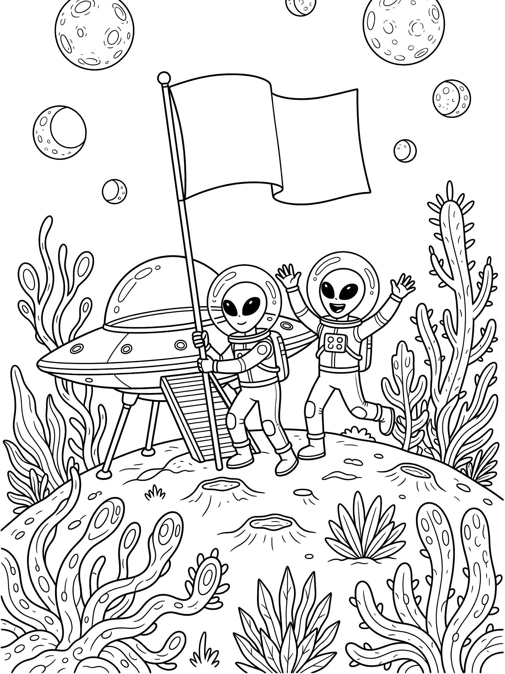 Two cartoon aliens with bubble helmets plant a flag on rocky alien planet near landed UFO, surrounded by strange spiky plants and floating moons, line art coloring page