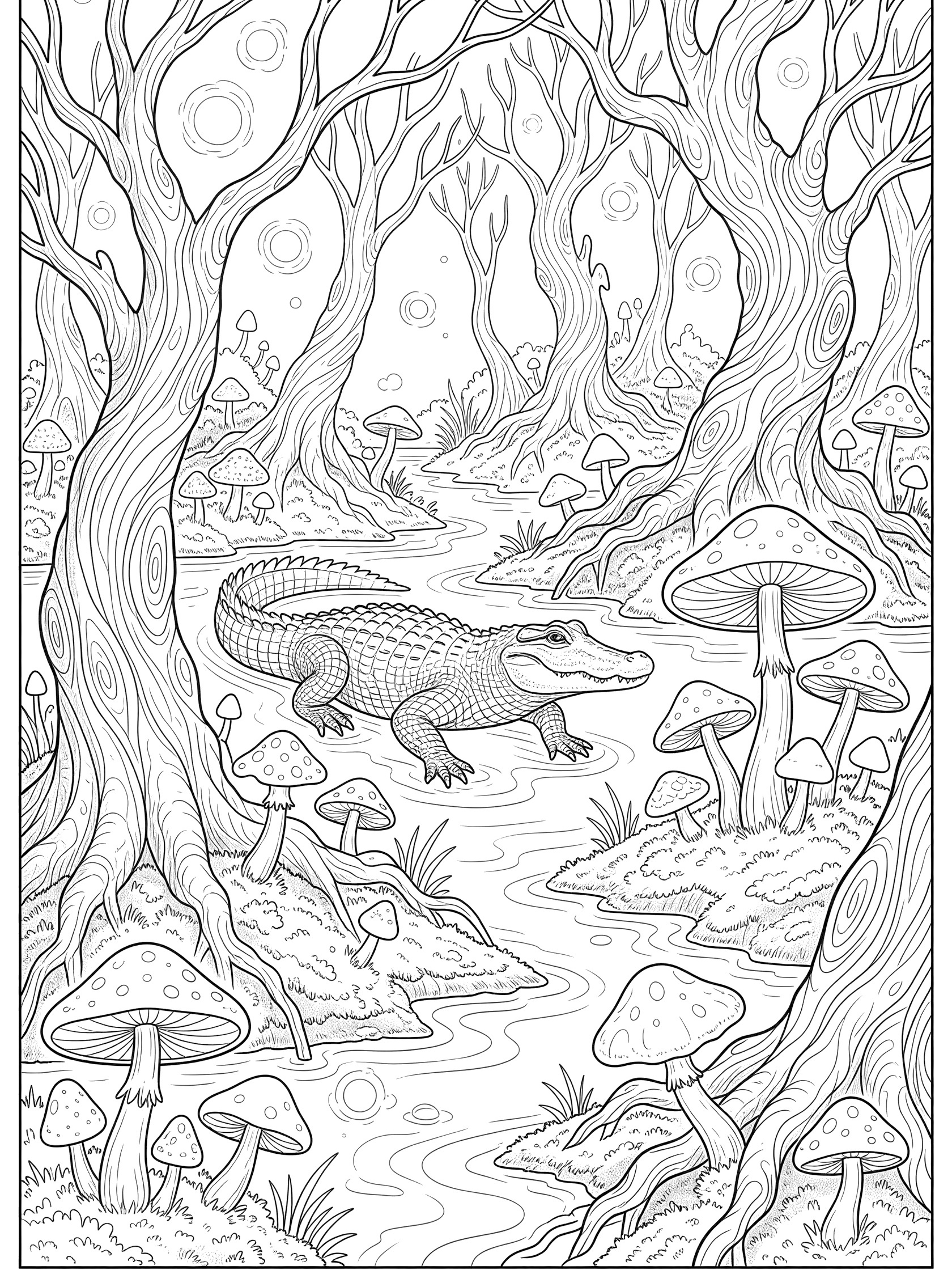 Black and white line art coloring page showing an alligator in a detailed mushroom forest with trees, stream, and glowing orbs