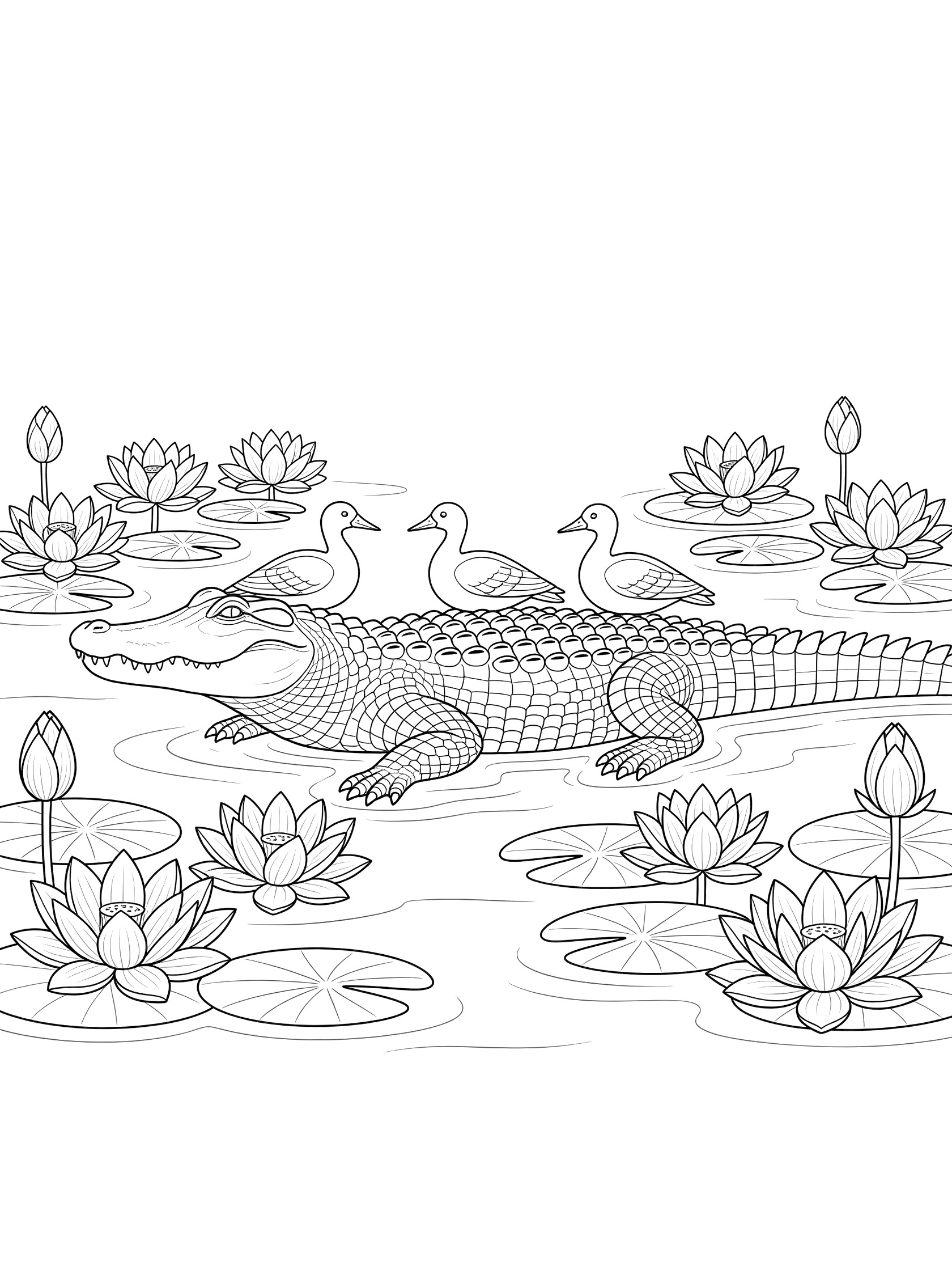 Black and white line art coloring page showing an alligator in water with three ducklings perched on its back surrounded by lotus flowers