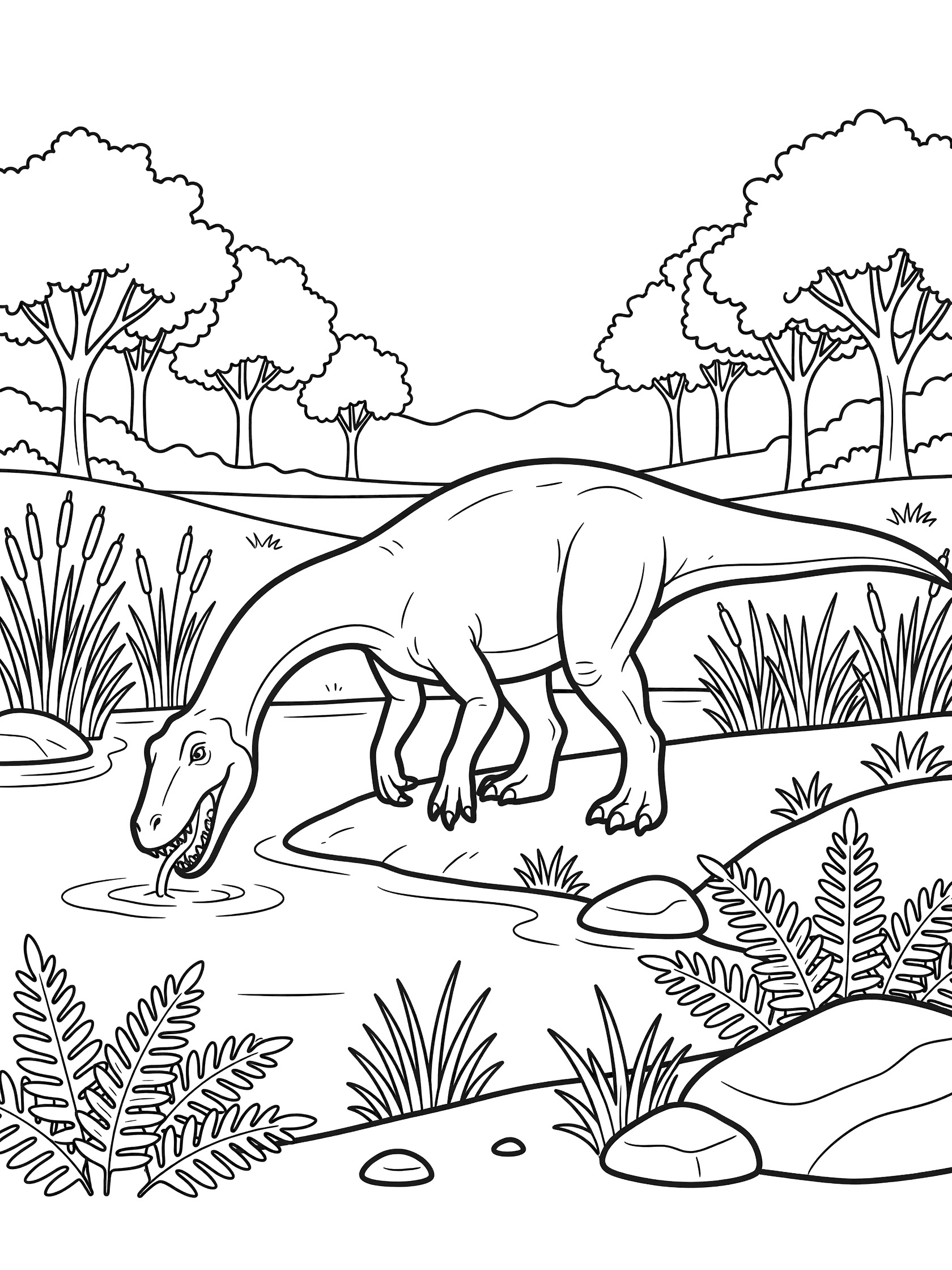 Line art coloring page showing an Allosaurus dinosaur bending its long neck to drink from a river, surrounded by rocks, ferns, reeds, and distant trees.