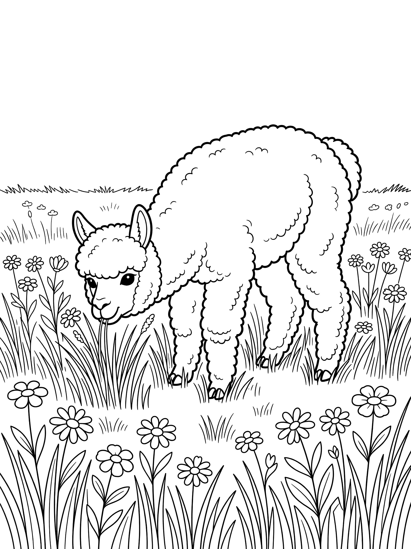 Black and white line art coloring page showing a fluffy alpaca standing and eating tall grass and daisies in a flower-filled meadow. Alpacas themed black and white printable line art