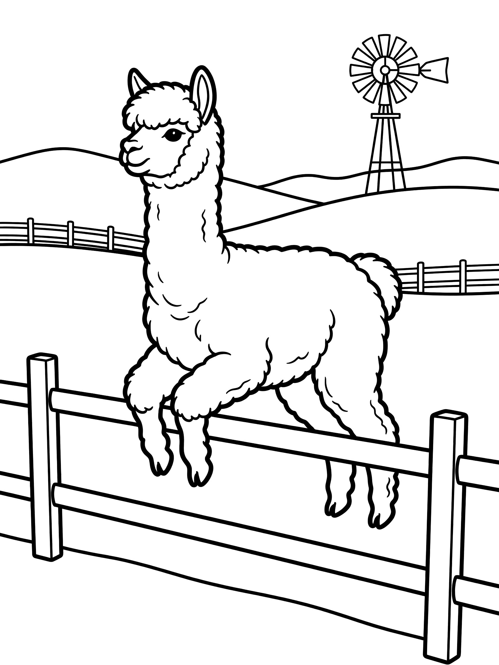 Black and white line art coloring page showing an alpaca mid-jump over a wooden farm fence, with rolling hills and windmill in background. Alpacas themed black and white printable line art