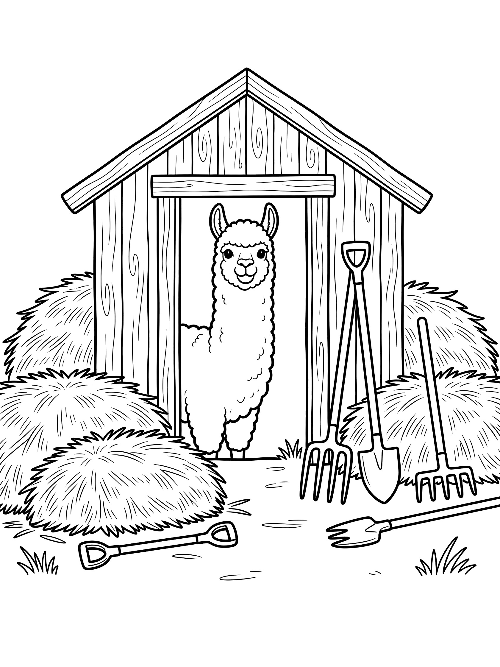 Black and white line art coloring page showing an alpaca head and neck peeking from a barn doorway surrounded by hay stacks pitchfork and shovel. Llamas themed black and white printable line art