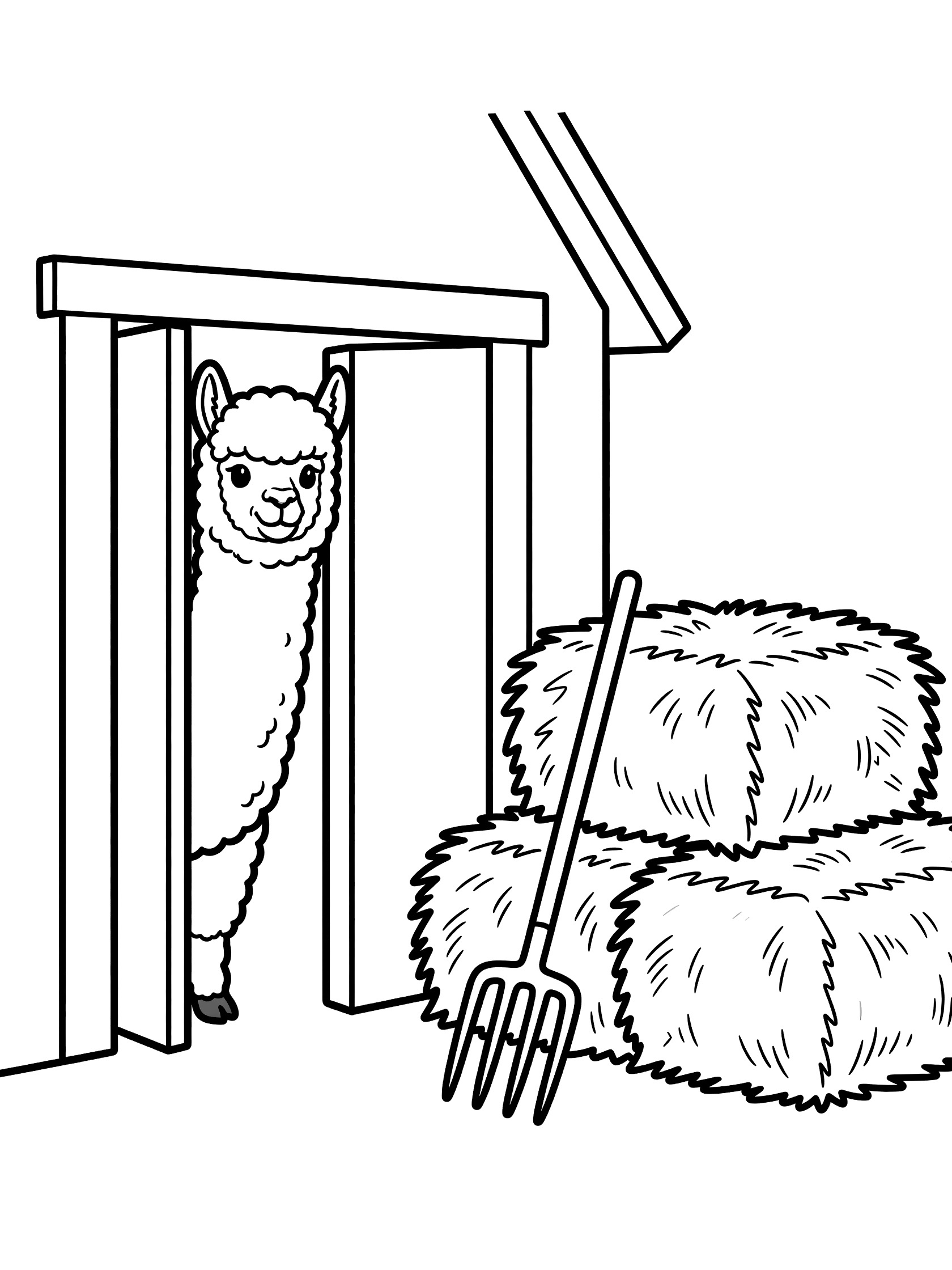Black and white line art coloring page showing an alpaca peeking from behind an open barn door, hay bales stacked nearby, and pitchfork leaning on the wall. Alpacas themed black and white printable line art
