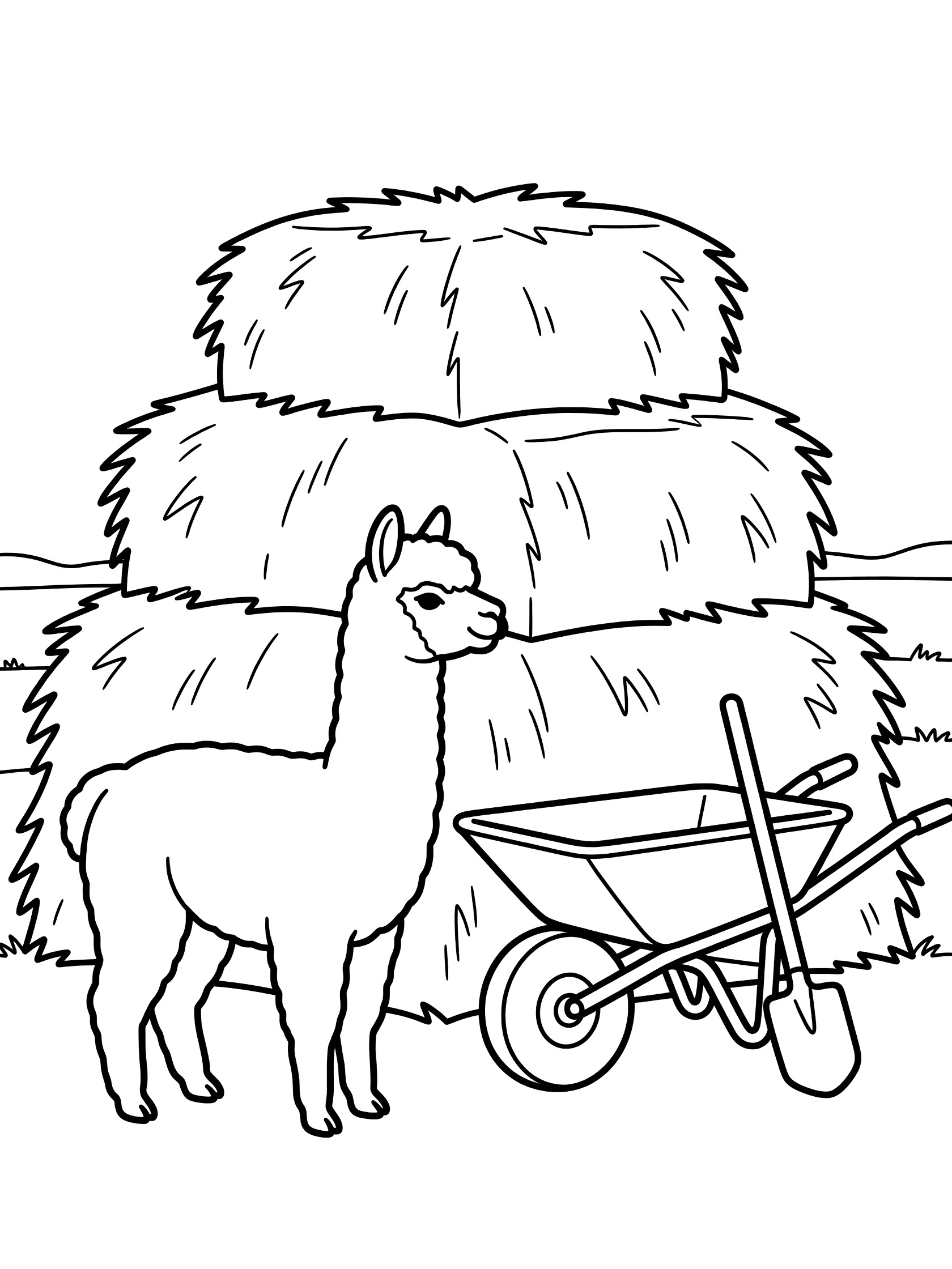 Black and white line art coloring page showing an alpaca standing by stacked hay bales with a wheelbarrow and shovel on a farm. Alpacas themed black and white printable line art