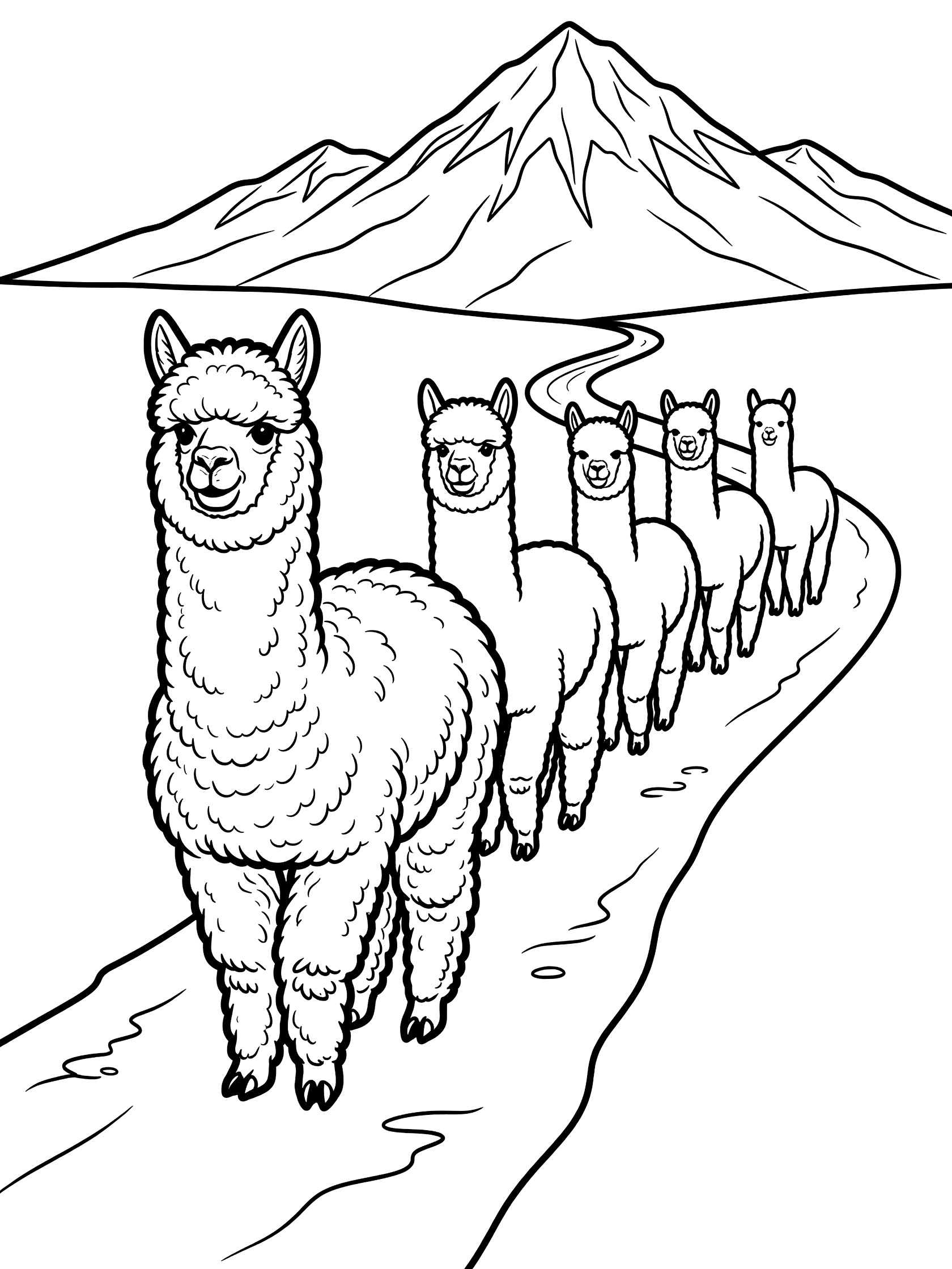 Black and white line art of five alpacas in a row walking on a winding dirt path to distant mountains, coloring book style.