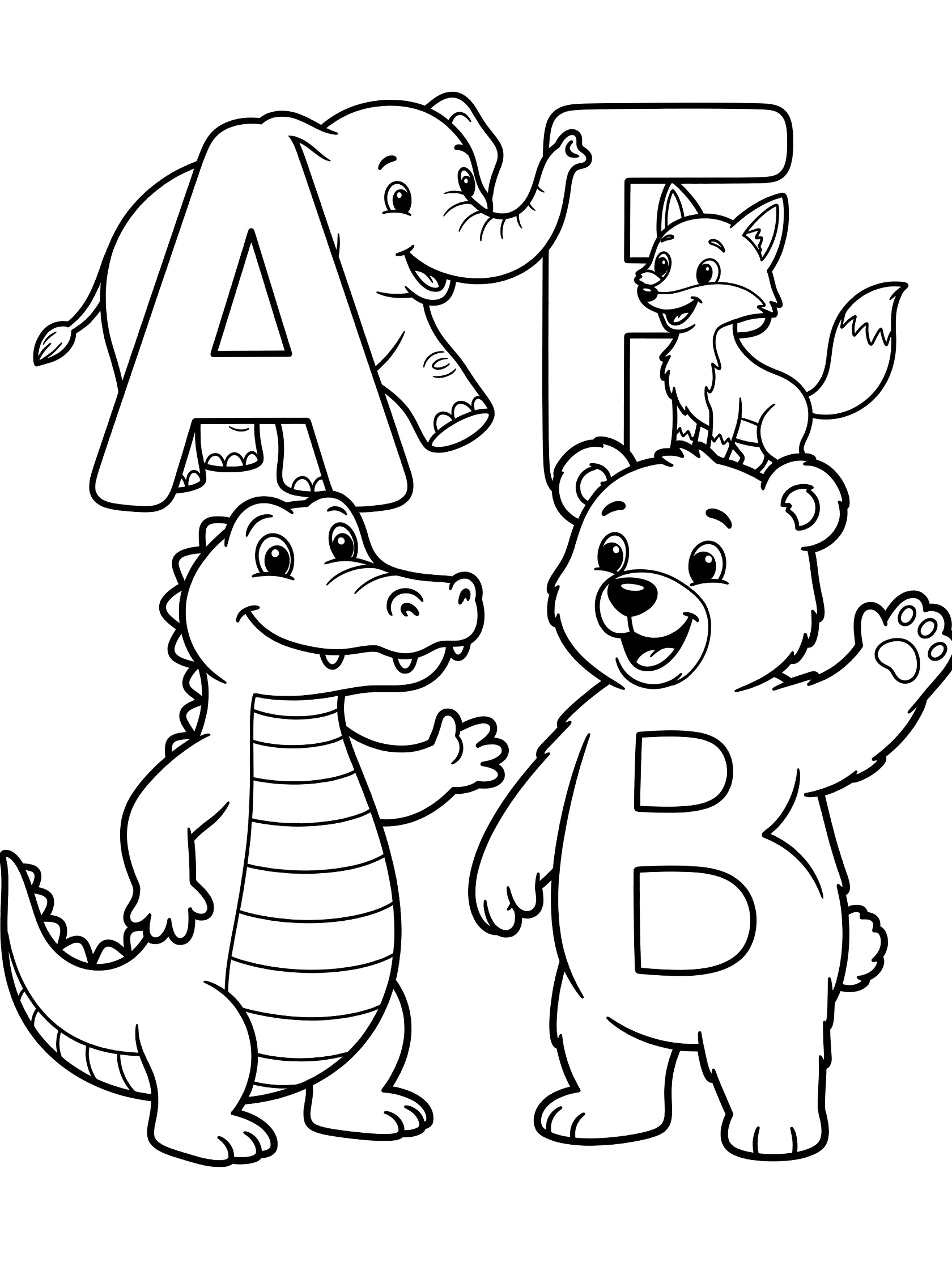 Alphabet animals worksheet coloring page showing cartoon alligator next to big A, smiling bear by B, cute fox with F, and elephant. Black and white line art for kids.