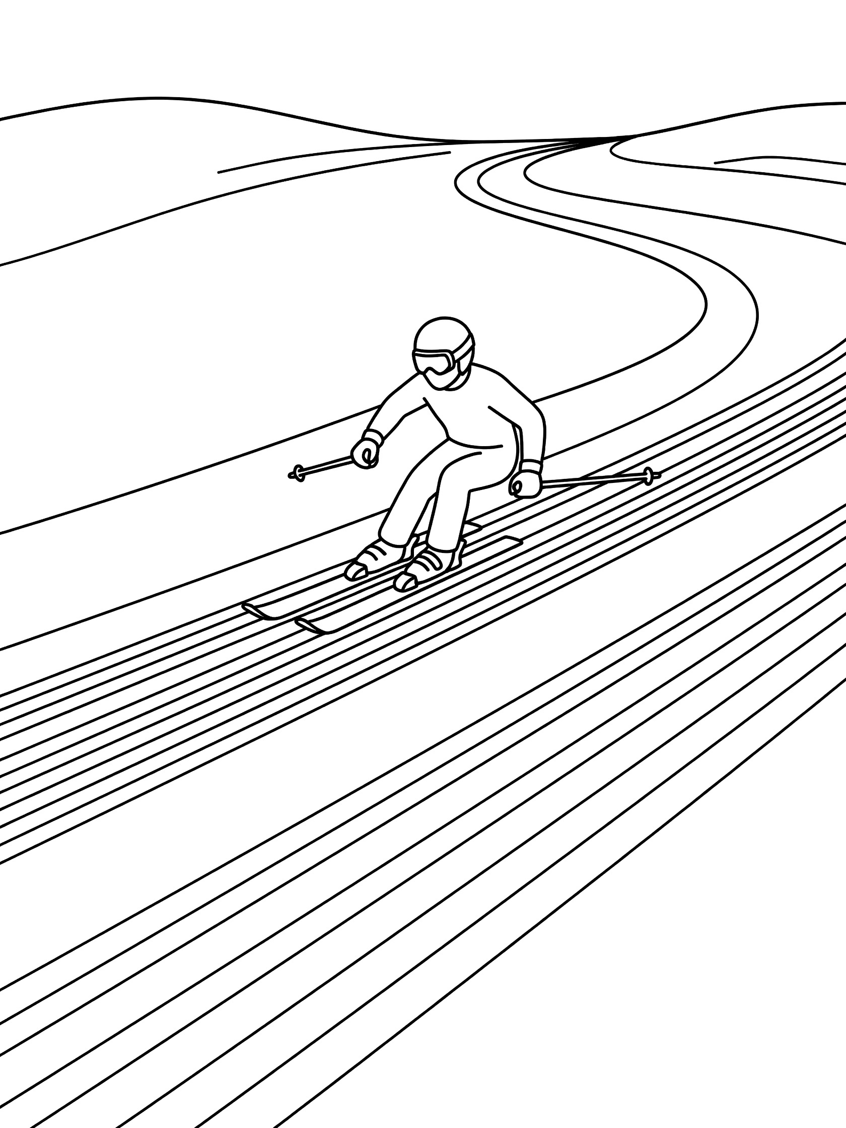 Black and white line art coloring page of alpine skier tucking down groomed run with skis, poles, goggles, and smooth snow lines on hill.