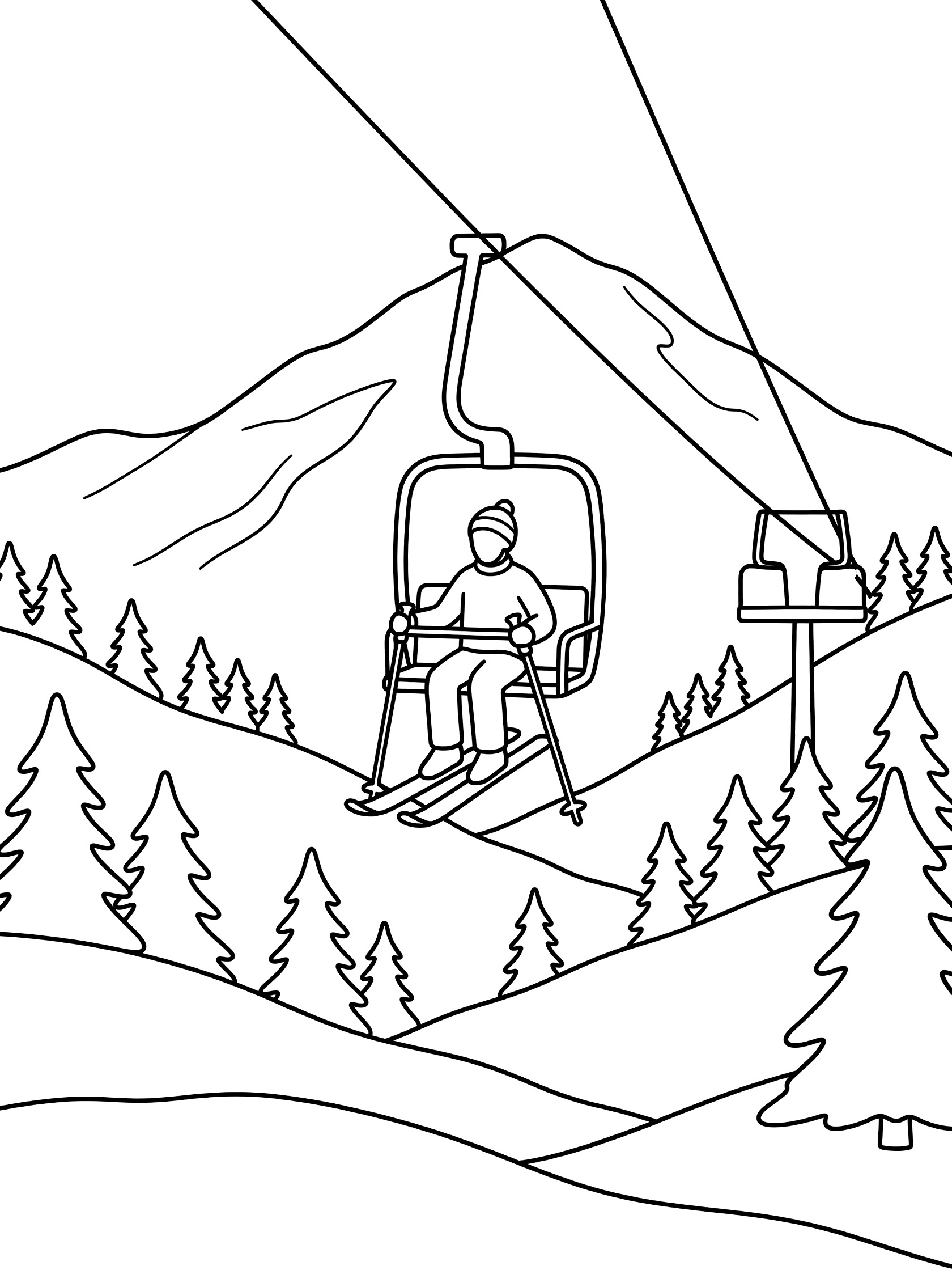 Line art coloring page showing a skier sitting on an alpine skiing chairlift ascending a mountain, skis dangling, holding poles, with snowy valley and pine trees underneath.