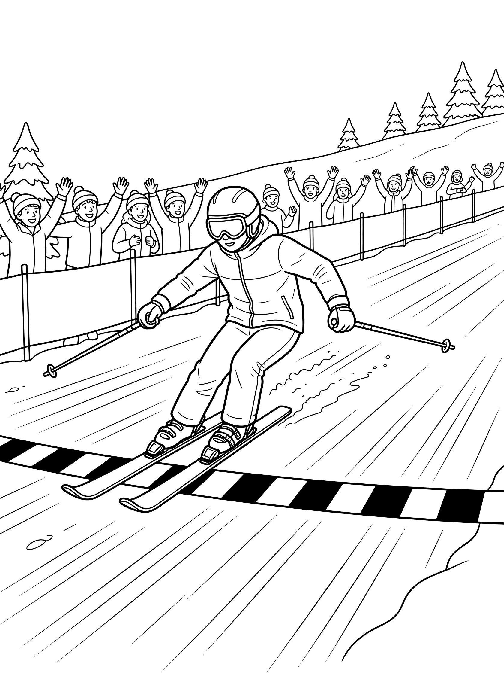 Line art coloring page showing alpine skier leaning forward with poles, crossing checkered finish line on groomed slope, spectators cheering on the side.