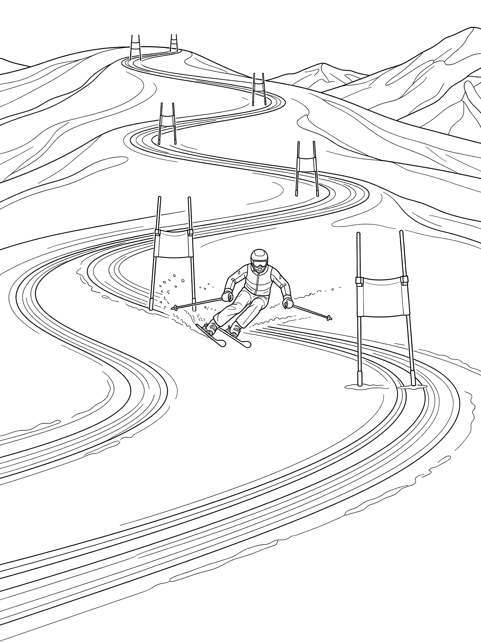 Black and white coloring page showing a skier in a helmet and suit carving a turn around wide gates in an alpine skiing giant slalom course on a winding snowy slope.
