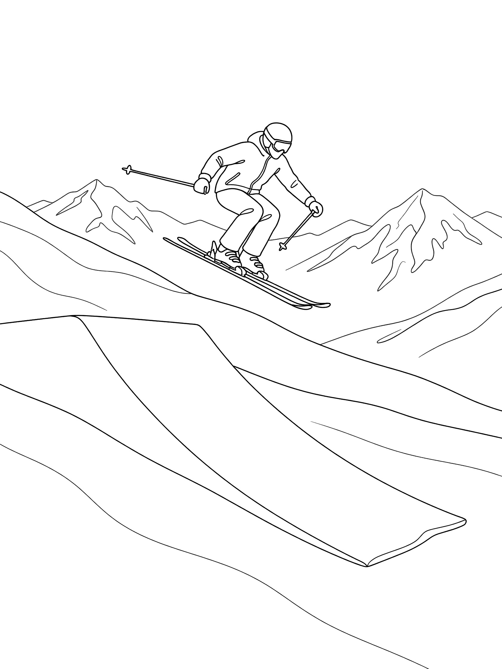 Line art coloring page showing alpine skier airborne off kicker jump on snowy slope with mountains