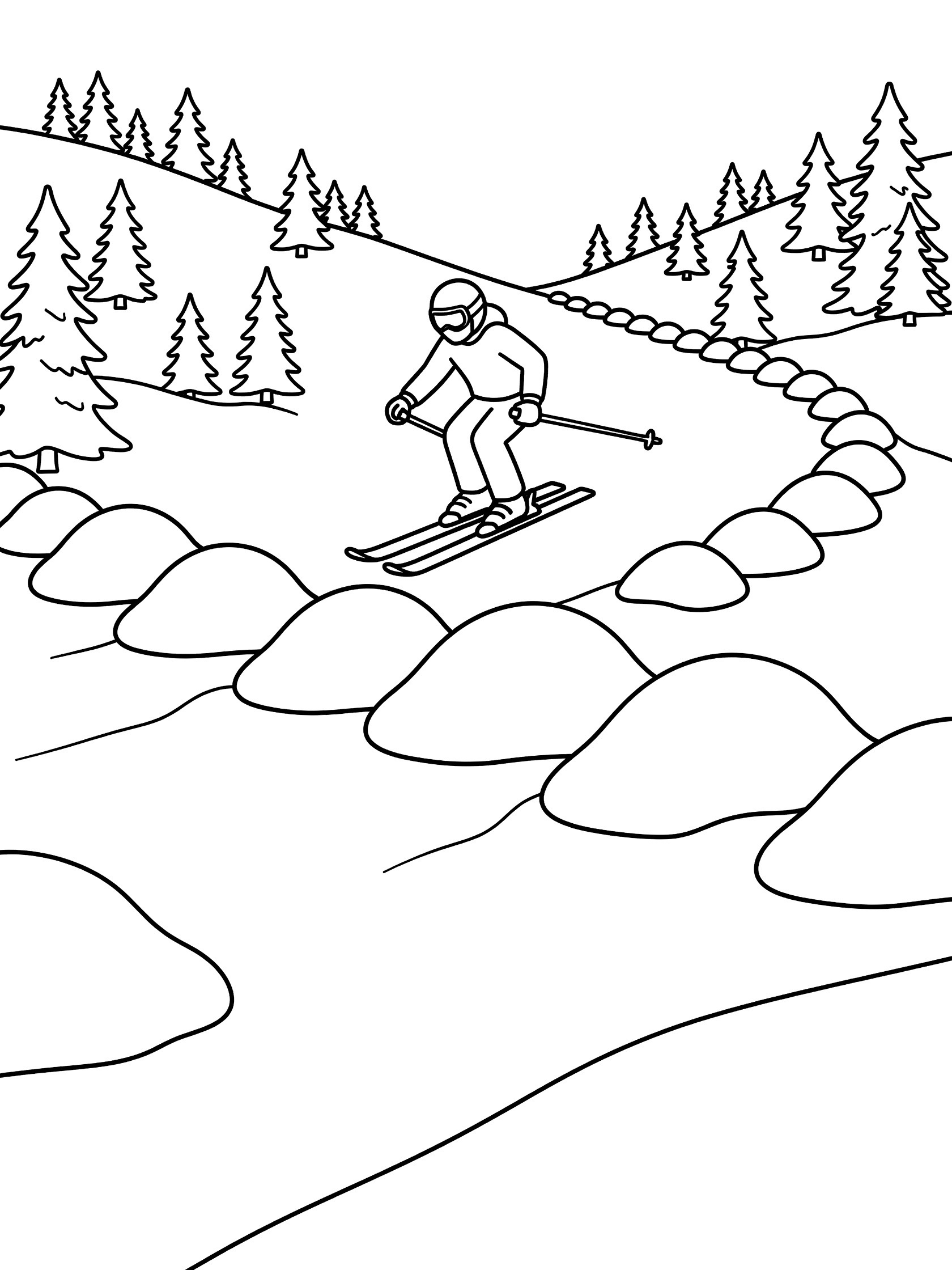 Black and white line art of alpine skier jumping over large moguls with parallel skis, tucked poles, evergreen trees on snowy hillside
