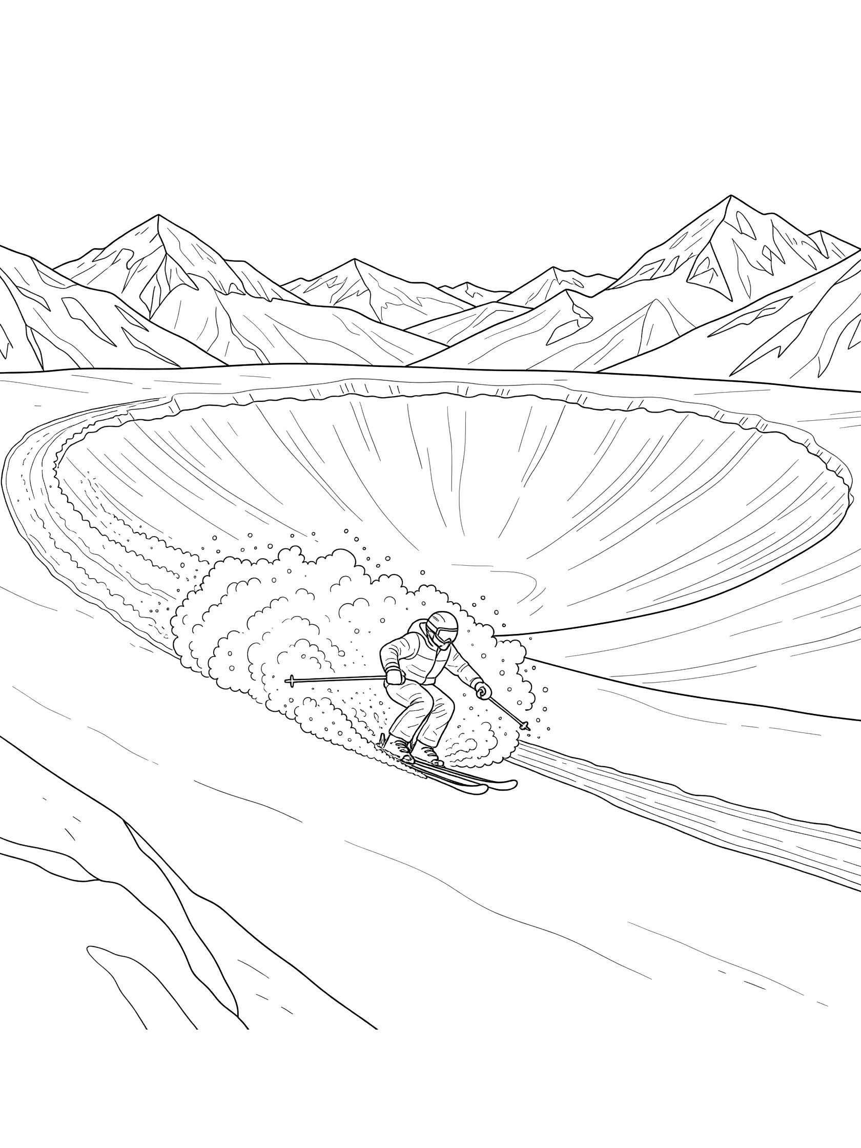 Line art coloring page showing a skier gliding through powder snow, carving wide turns and spraying fluffy snow clouds, with snow-capped mountains and a wide bowl in the background
