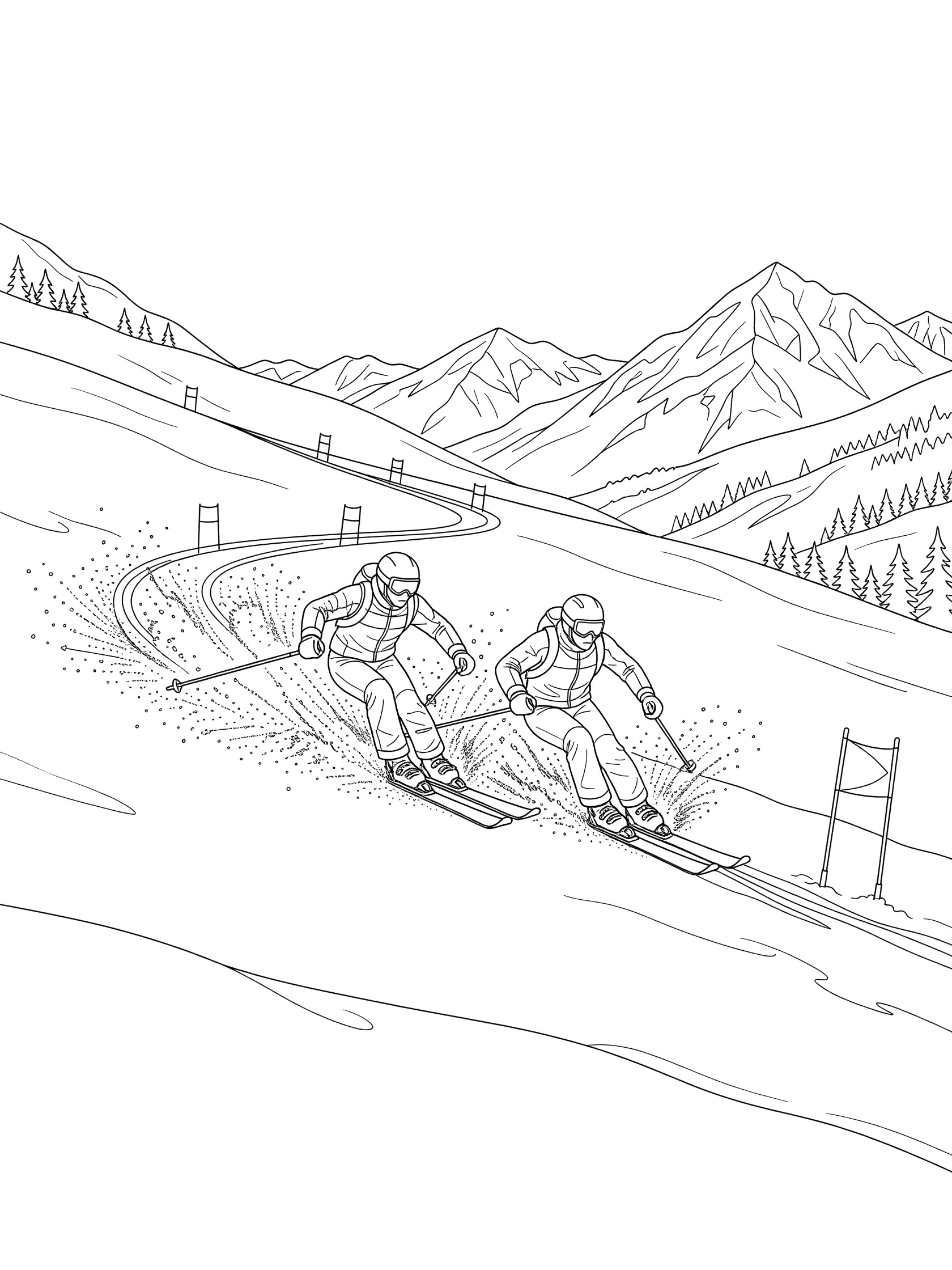 Black and white coloring page showing two alpine skiers racing down a steep snowy slope, carving turns around flags with mountains and trees in the background.