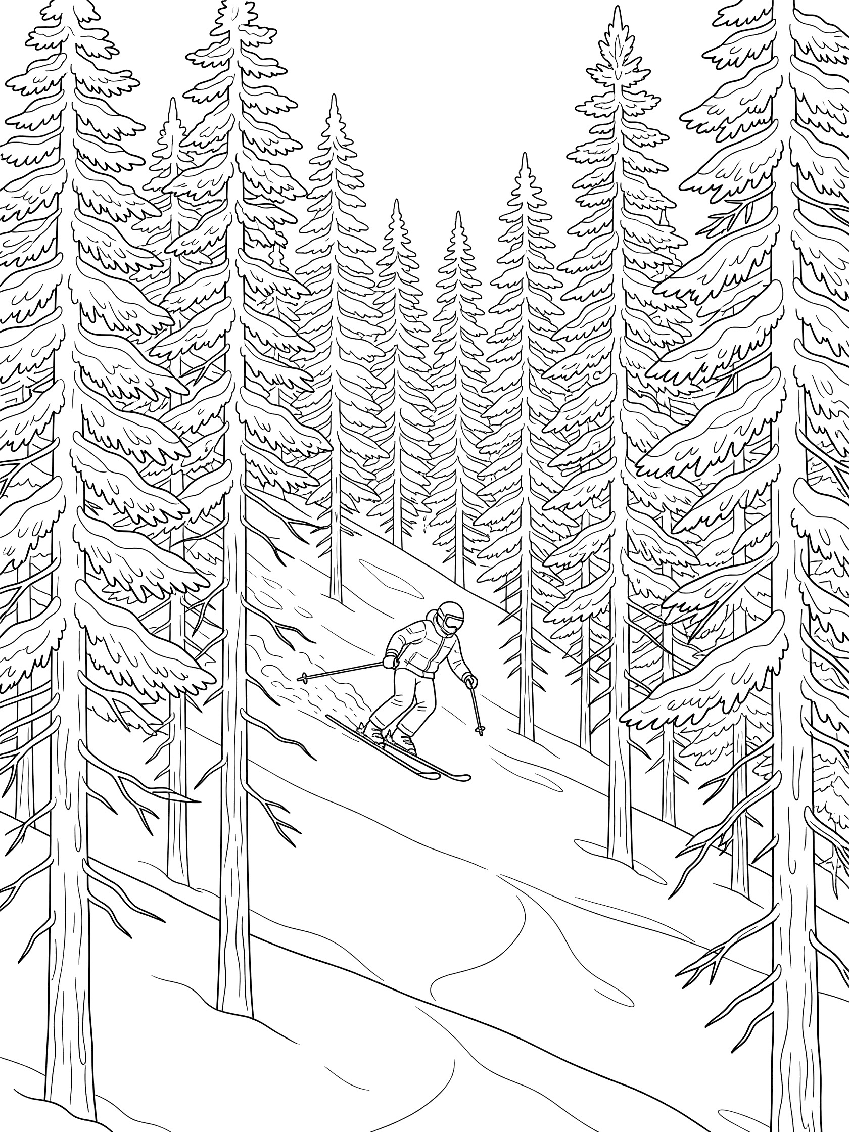 Line art coloring page showing a skier making turns between pine trees in a snowy alpine glade during alpine skiing.