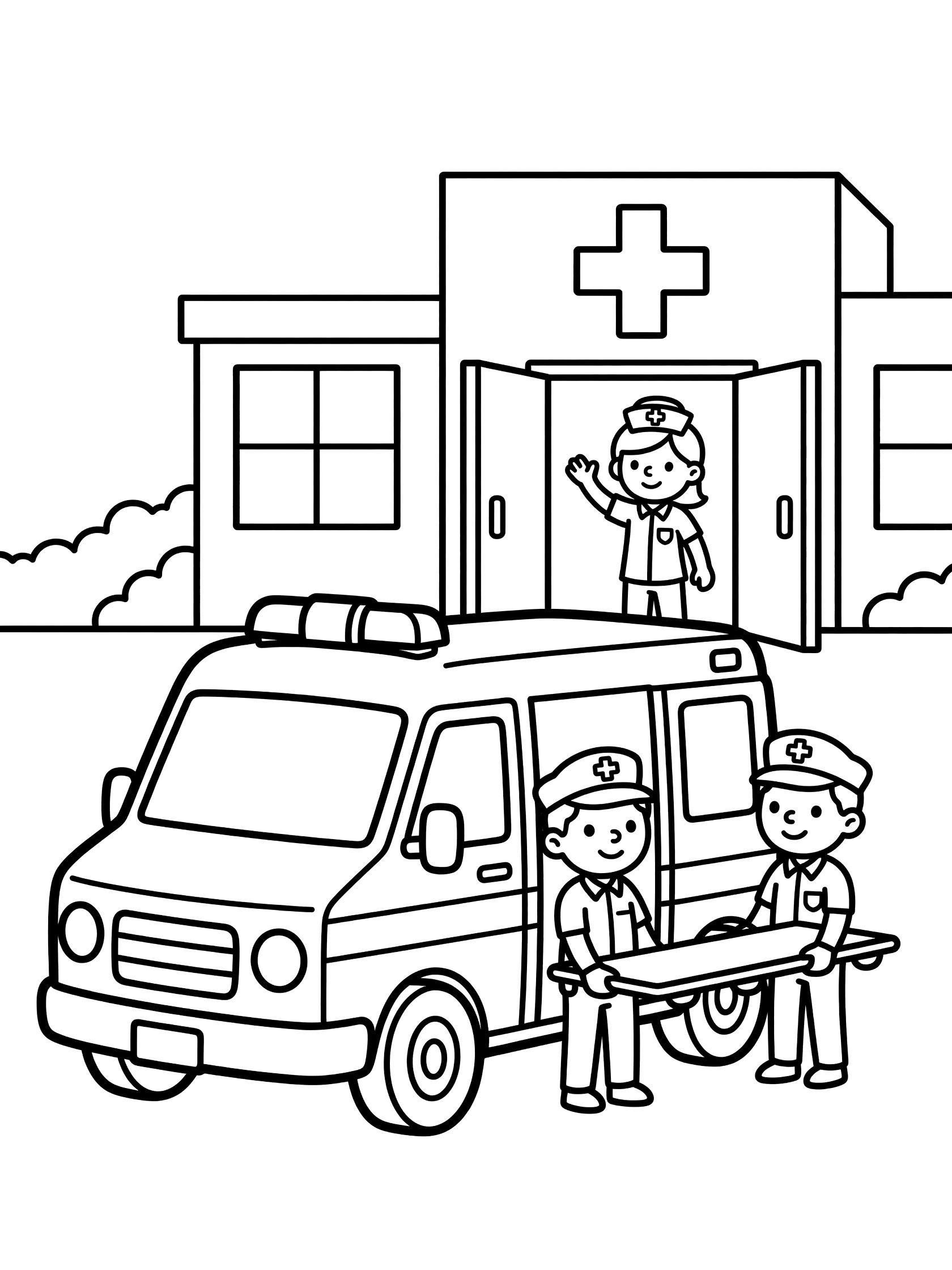 Cartoon ambulance in front of hospital with open emergency doors, red cross sign, two paramedics with stretcher, and waving nurse - coloring page
