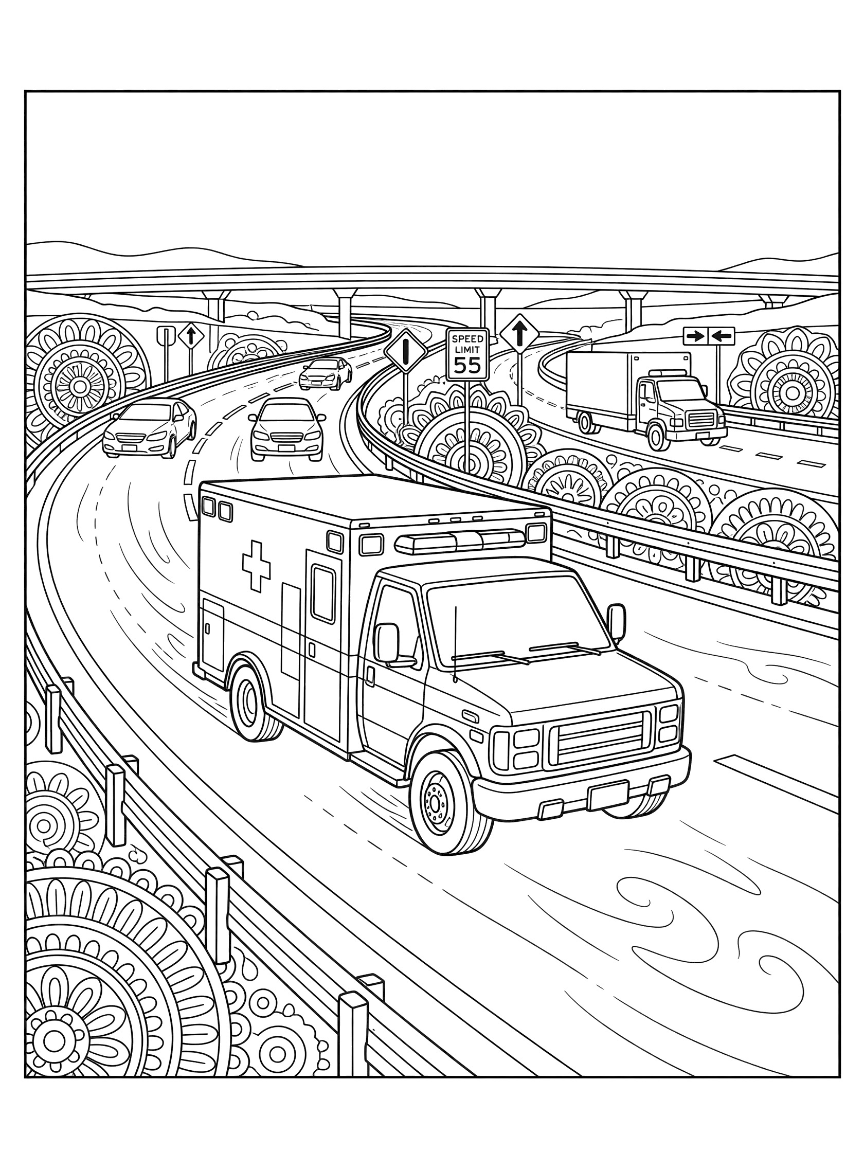 Black and white line art coloring page showing an ambulance dashing urgently on a multi-lane highway, with blurred wheels, siren lights, guardrails with mandala patterns, cars aside, and distant overpasses.