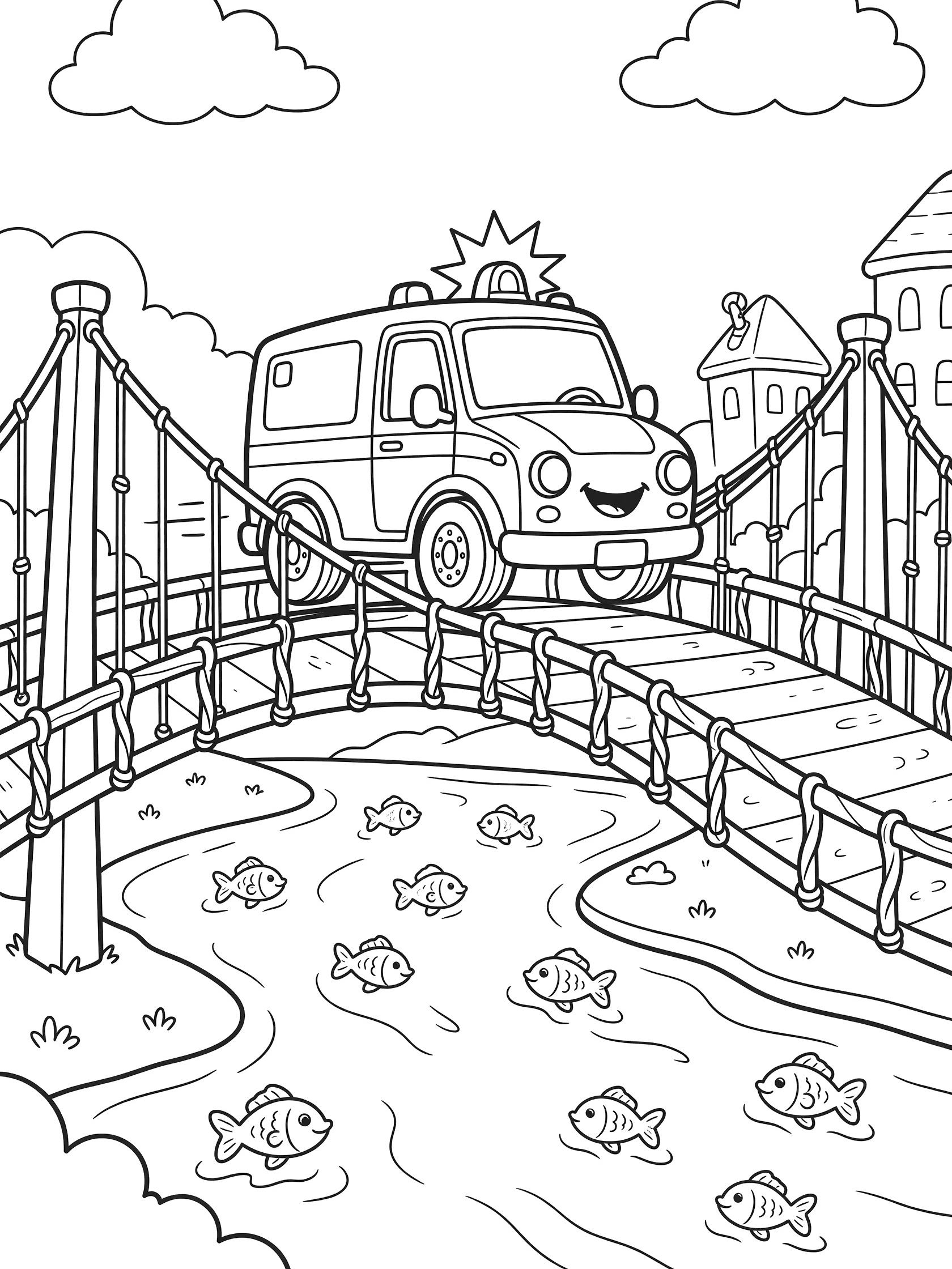 Whimsical line art coloring page showing a happy-faced ambulance speeding on a curving bridge with cables and railings, river with jumping fish below, fluffy clouds, and distant buildings.
