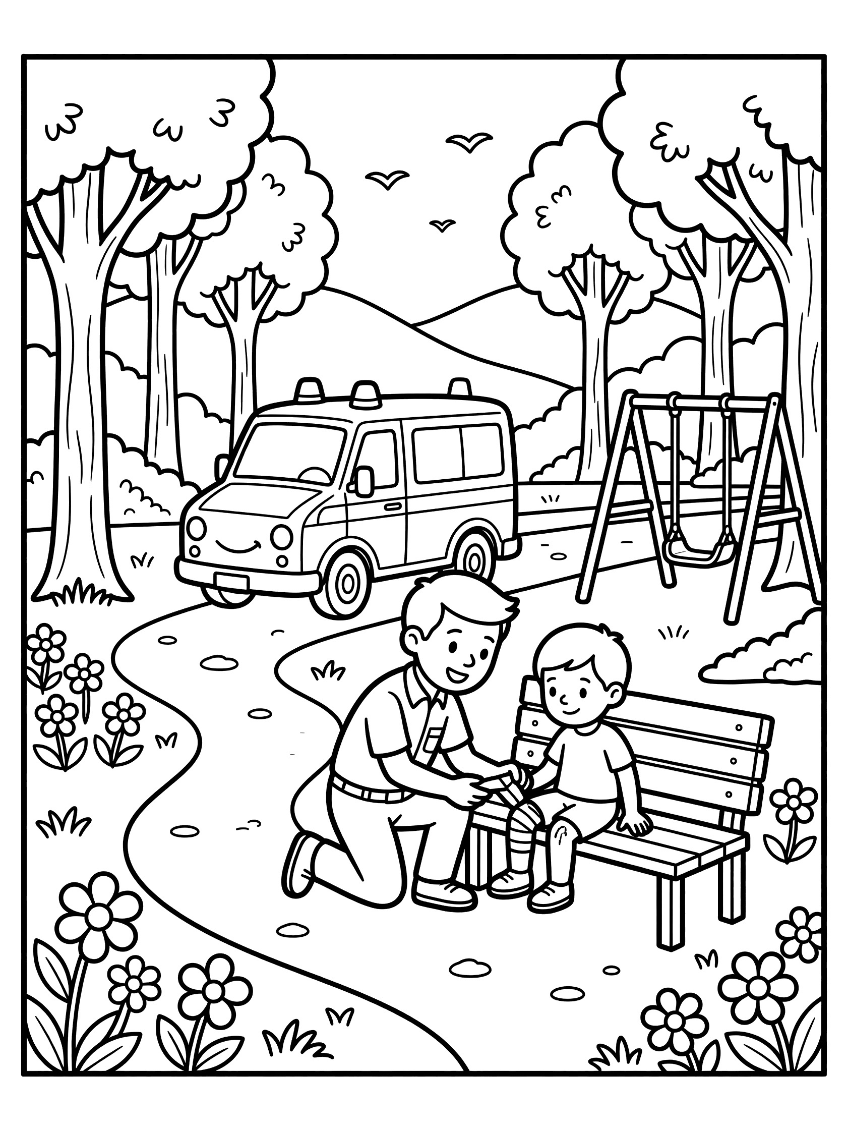 Black and white coloring page of an ambulance in a park, paramedic bandaging a child's knee by a wooden bench and playground swing, surrounded by trees, grass, flowers, birds, and hills.