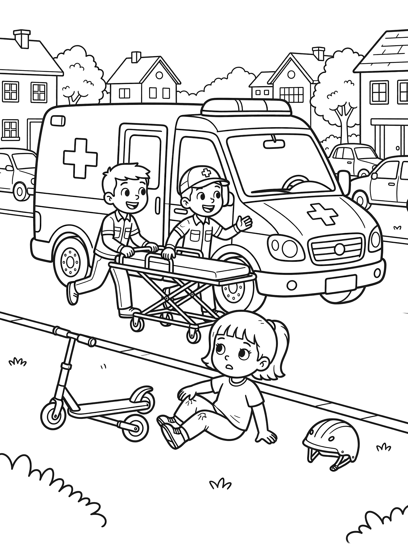 Black and white line art of an ambulance rescue: paramedics rush from ambulance with stretcher to a girl on the ground next to her tipped scooter and helmet.