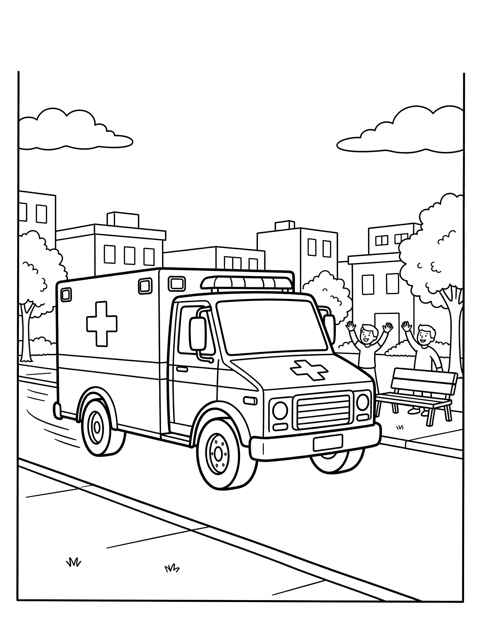 Black and white line art of an ambulance rescue truck rushing on urban street to park scene with waving helpers, buildings, trees, and motion lines on wheels.