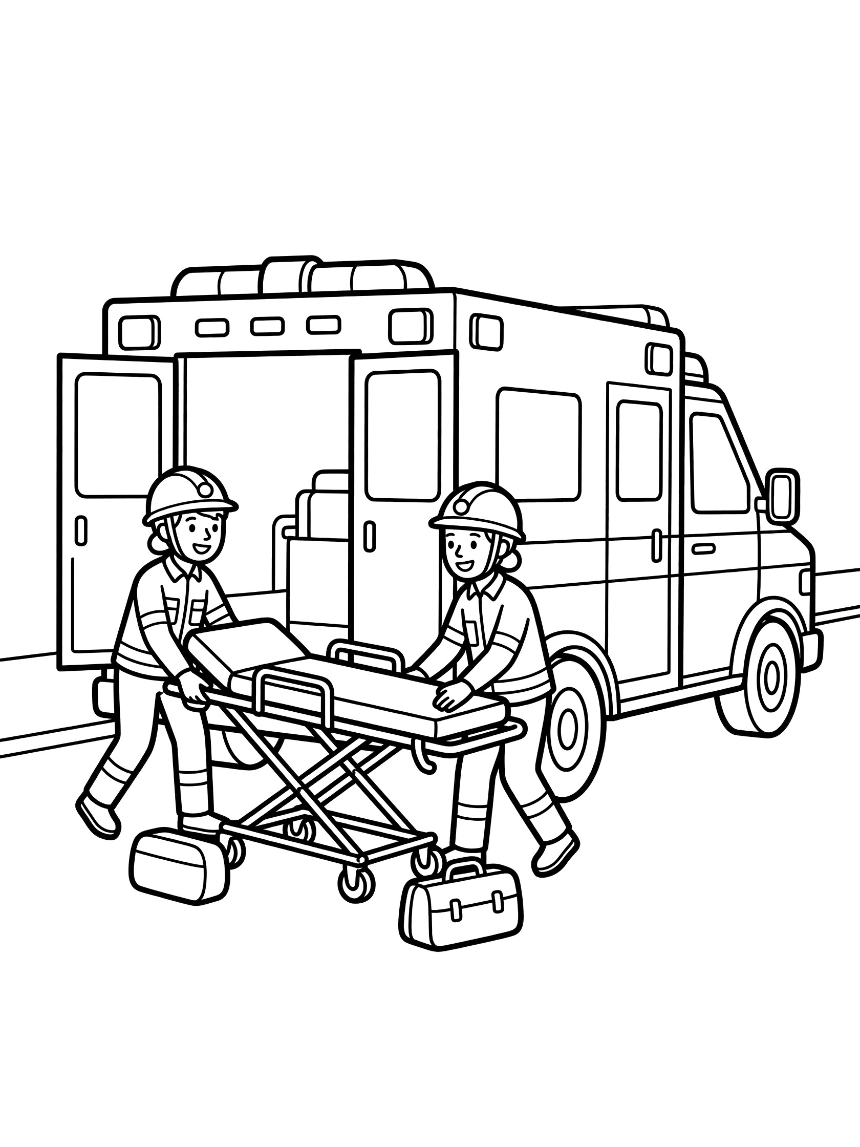 Black and white line art of ambulance parked on street with rear doors open, two paramedics in uniforms pushing stretcher with medical bags toward it.