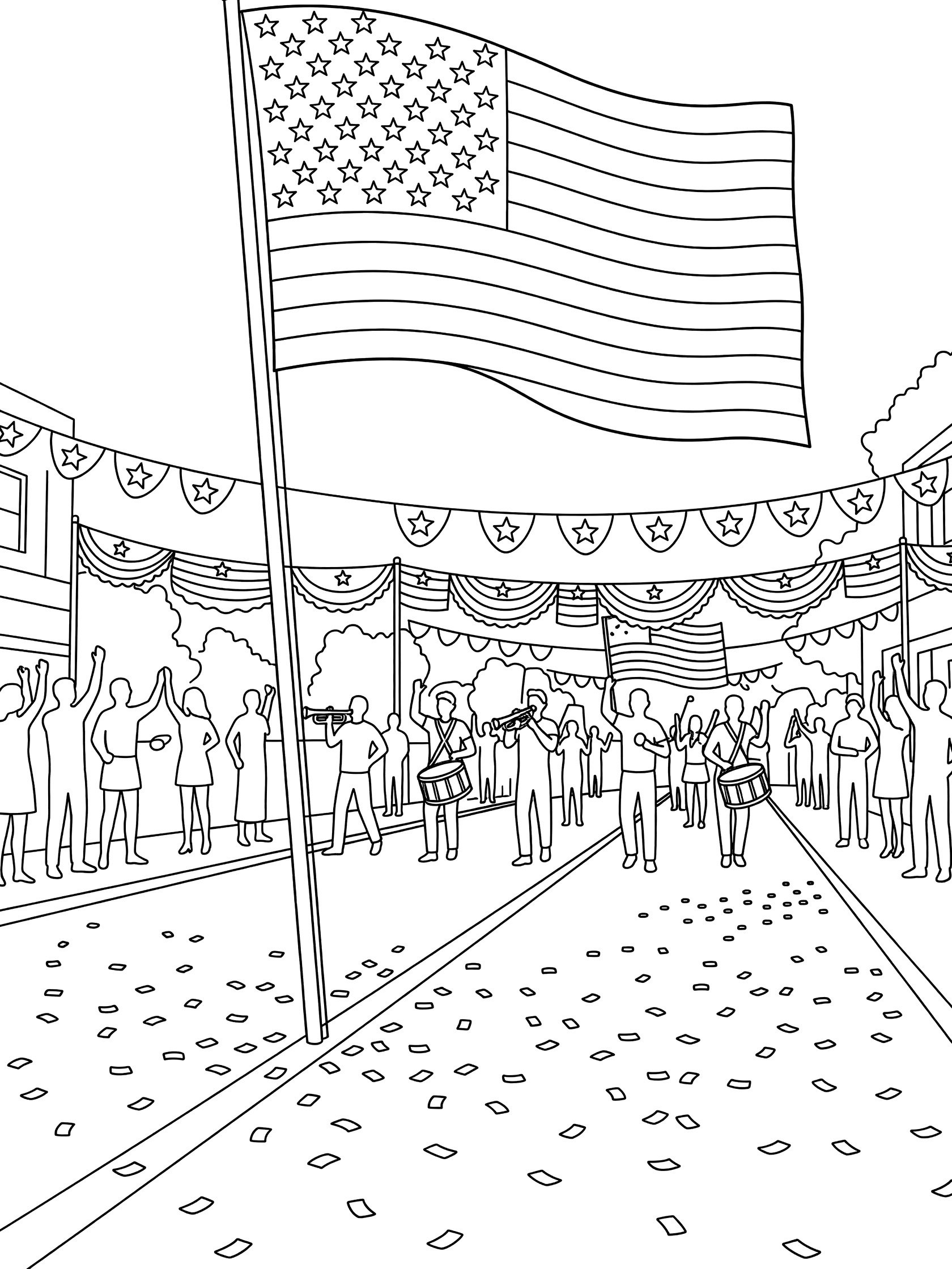Printable coloring page showing American flag hoisted on a pole in a 4th of July parade scene with festive banners, confetti on the street, band members, and excited people.