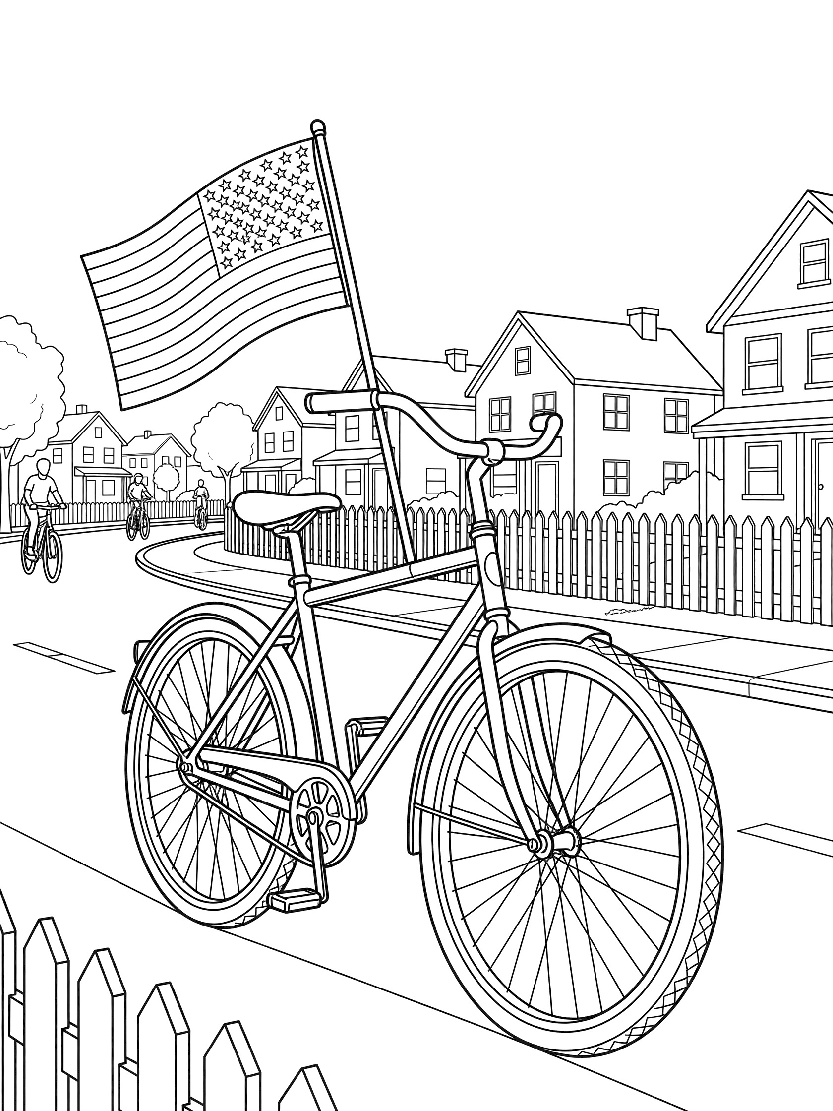 Black-and-white coloring page showing American flag fluttering from bicycle handlebars during 4th of July ride in neighborhood with houses, fences, and street.