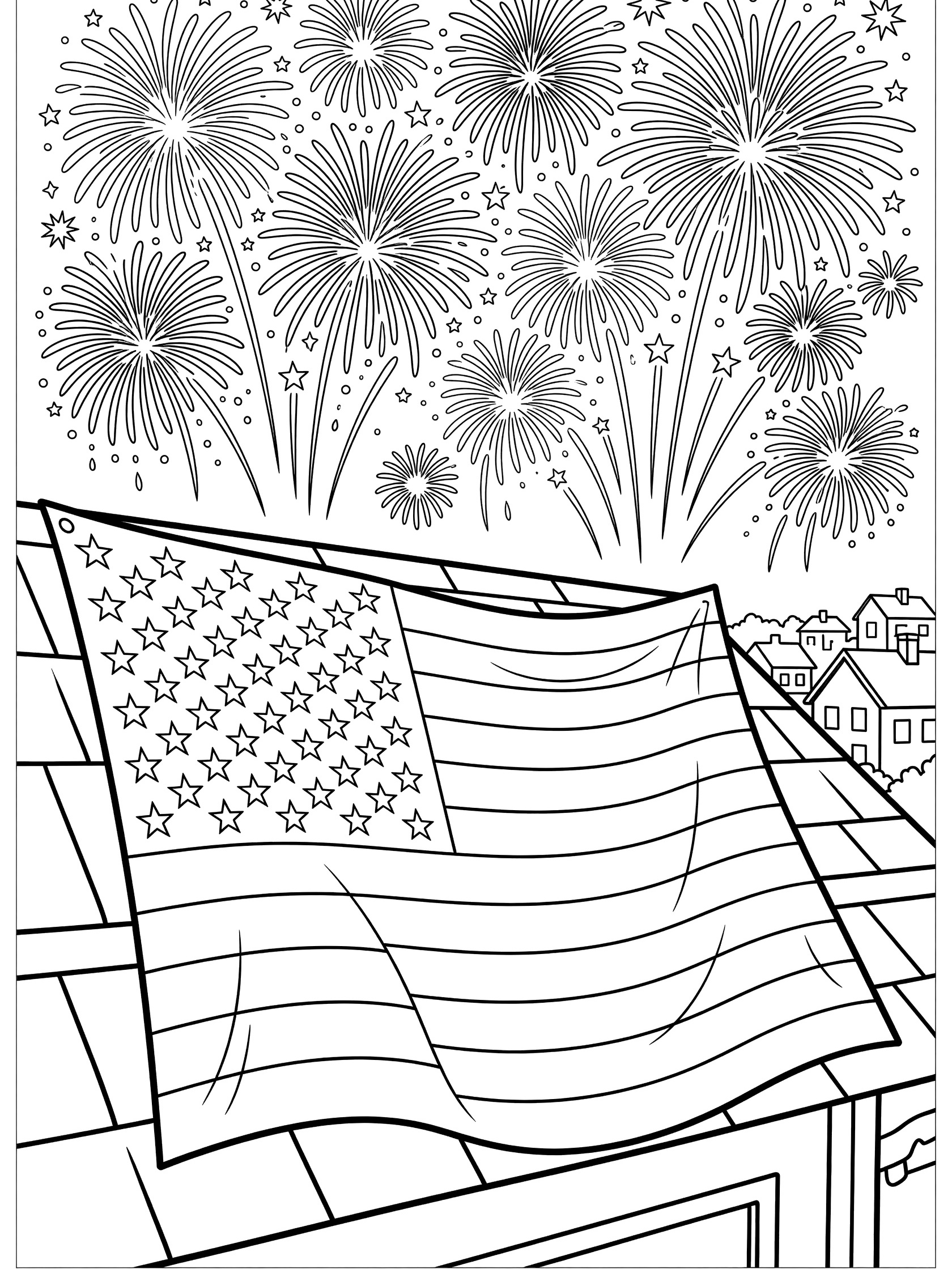 Black and white coloring page showing American flag draped from rooftop with fireworks exploding in the sky and distant houses