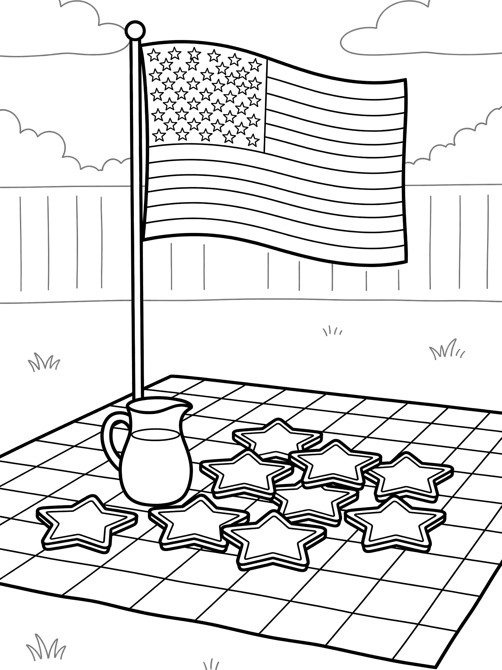 Black and white line art of American flag waving on a pole next to a backyard picnic table with checkered cloth, lemonade pitcher, and star cookies on 4th of July.