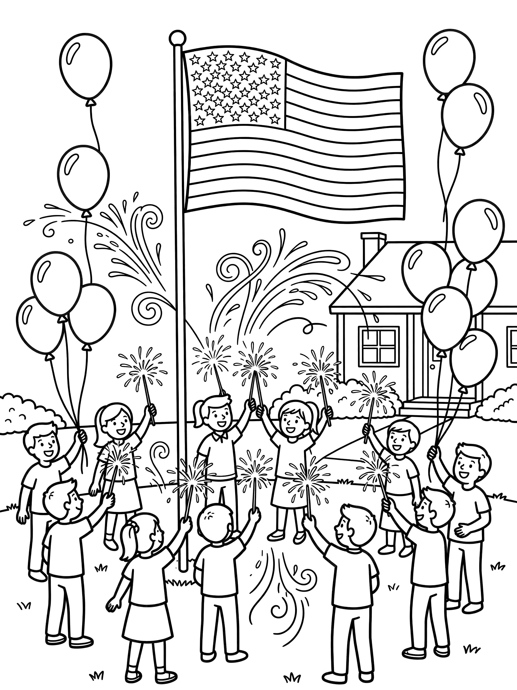 Line art coloring page showing American flag in front yard with children holding sparklers and balloons, house in background for 4th of July.