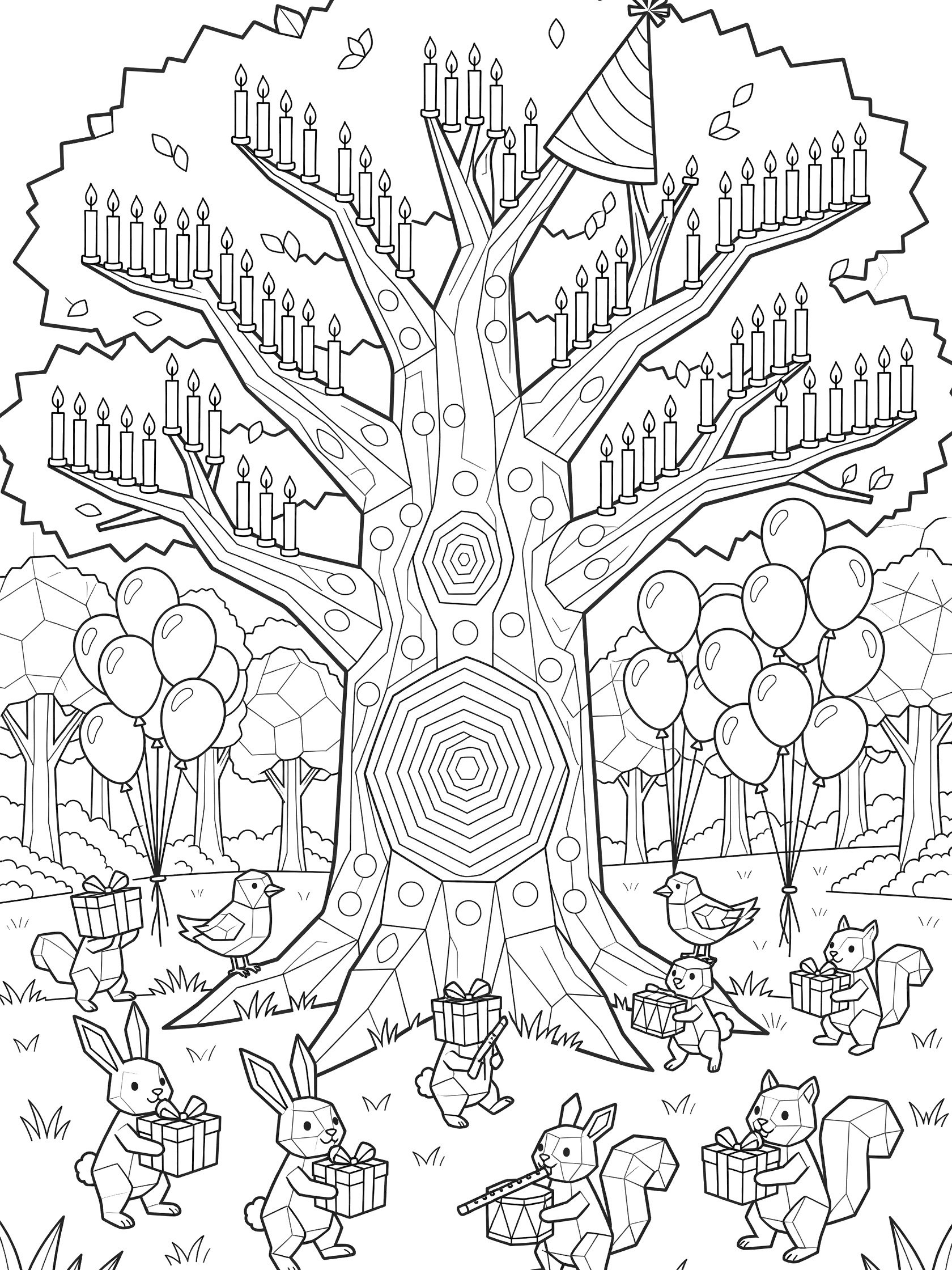Line art coloring page showing a big ancient tree with 100 growth rings, 100 candles, balloons, birthday hat, and cute rabbits, birds, and squirrels for 100th birthday fun.