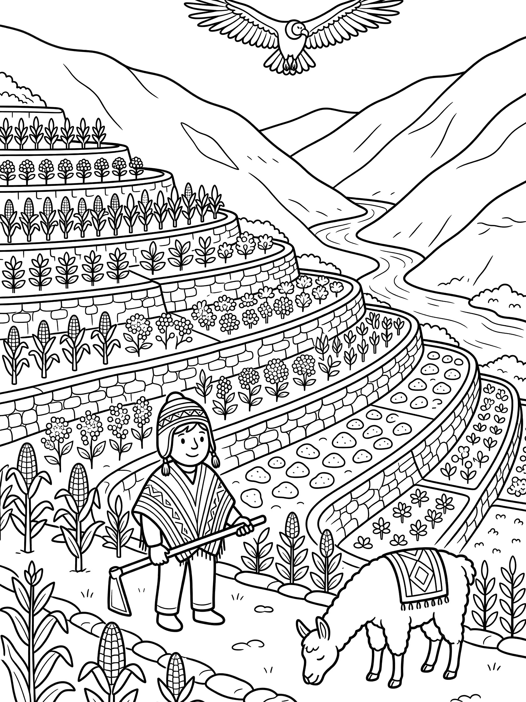 Black and white coloring page showing a smiling boy in Andean outfit holding a hoe next to a llama, corn stalks, terraced fields in a valley with mountains, and a condor flying overhead. Colca Canyon themed black and white printable line art