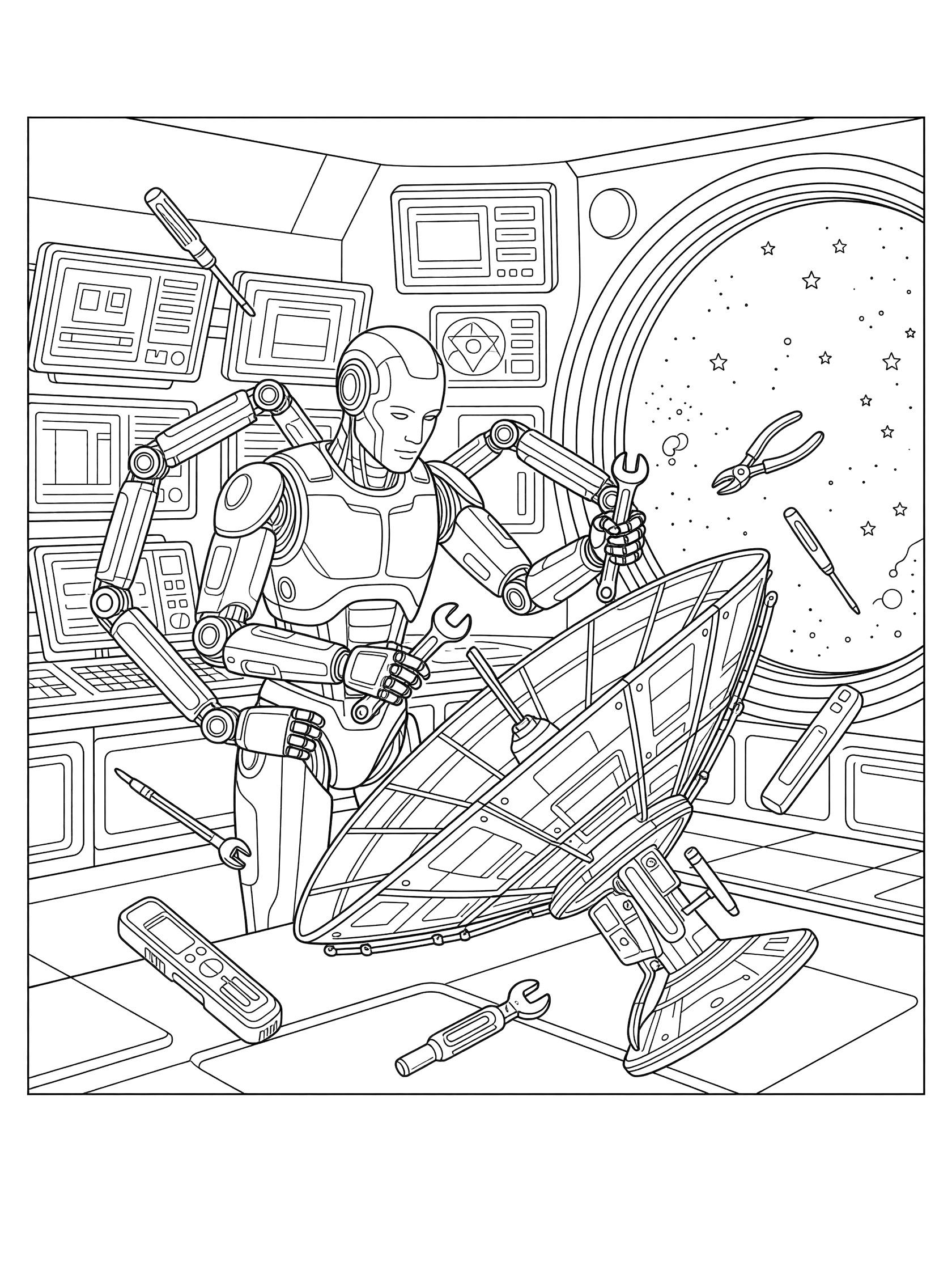 Black-and-white line art of an android using mechanical arms to assemble a shiny satellite in a space lab, with floating tools, screens, and stars through a large window.