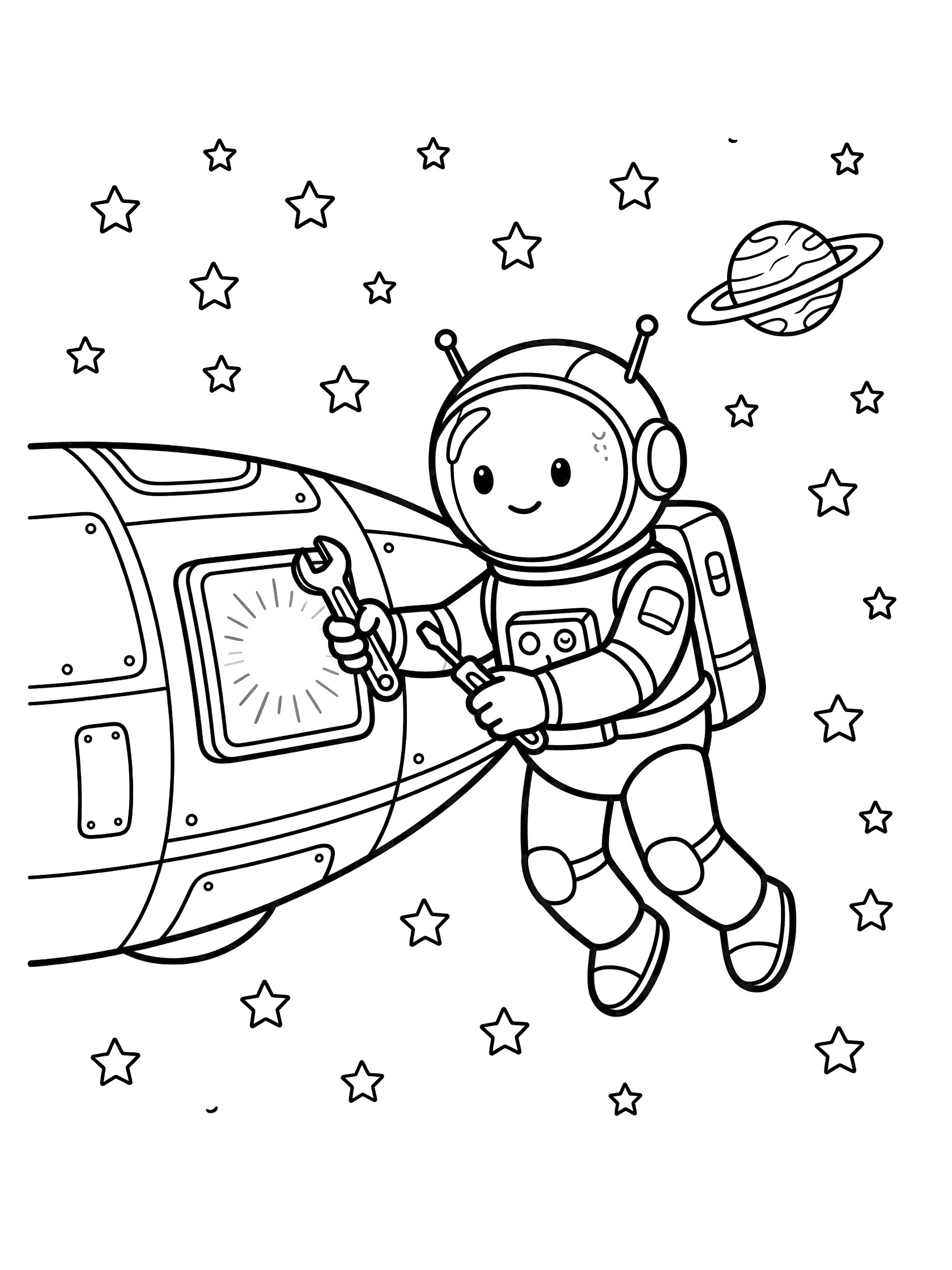 Black and white line art of a smiling android in a spacesuit with antennae floating in space, using tools to repair a spaceship panel, surrounded by stars and a distant planet.