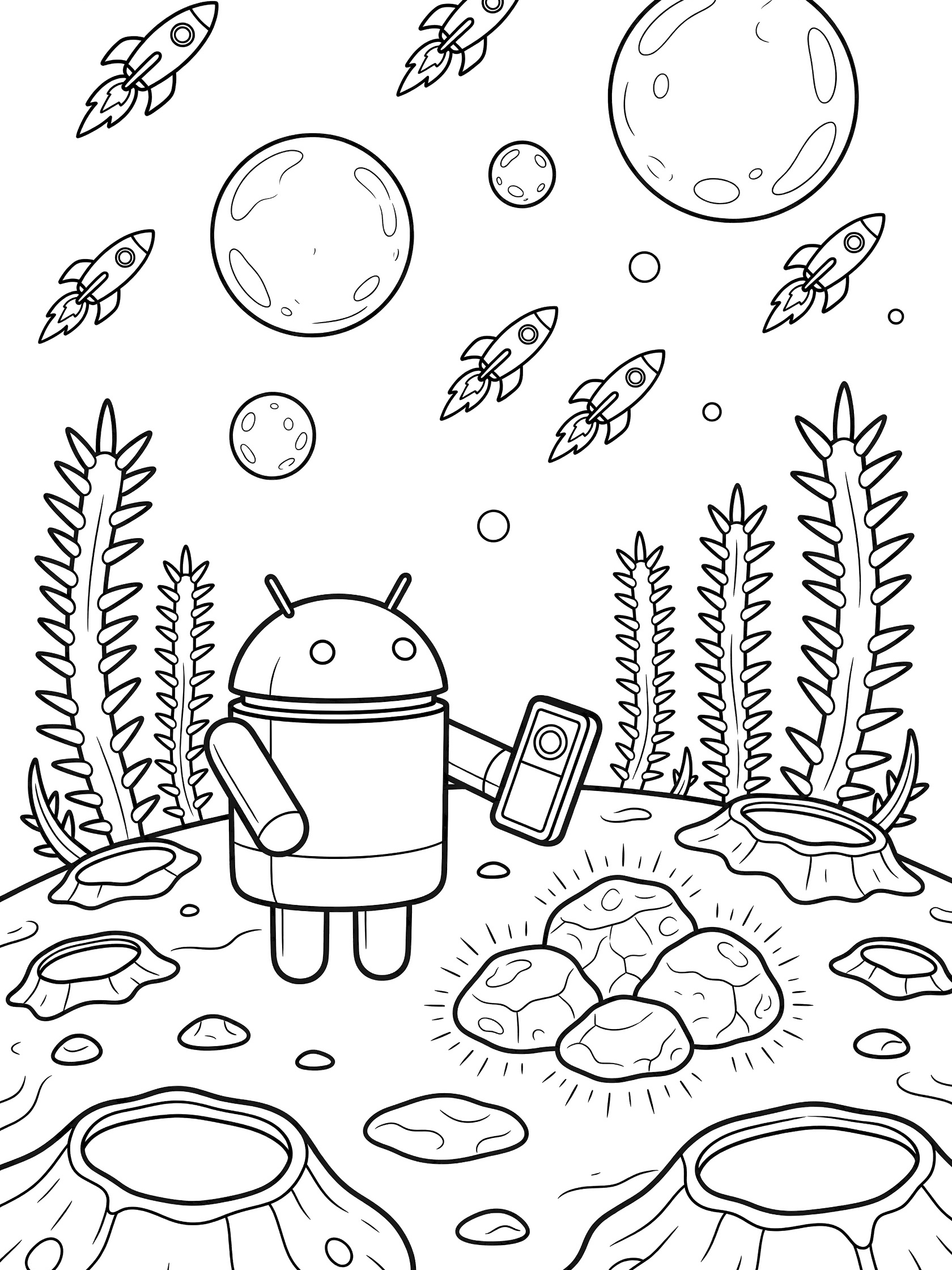 Black-and-white coloring page showing an android exploring an alien planet with tall spiky plants, glowing rocks, multiple moons overhead, and rockets trailing in the sky.