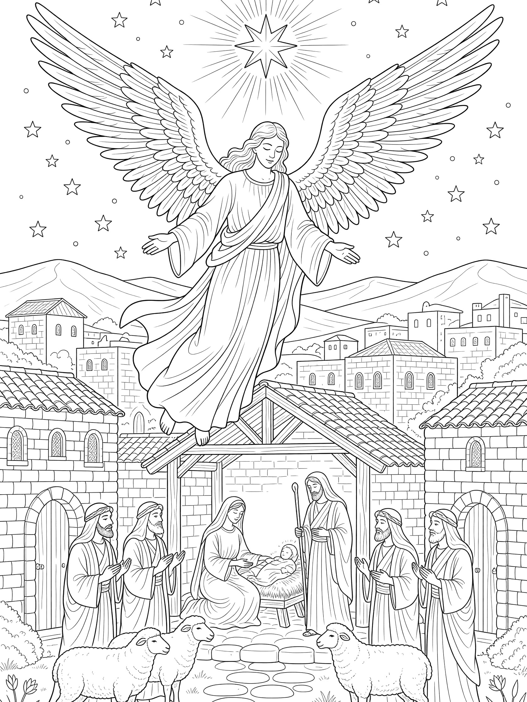 Black and white line art of an angel with wings over Bethlehem town, nativity stable with Mary holding baby Jesus, Joseph, shepherds and sheep, and shining star.